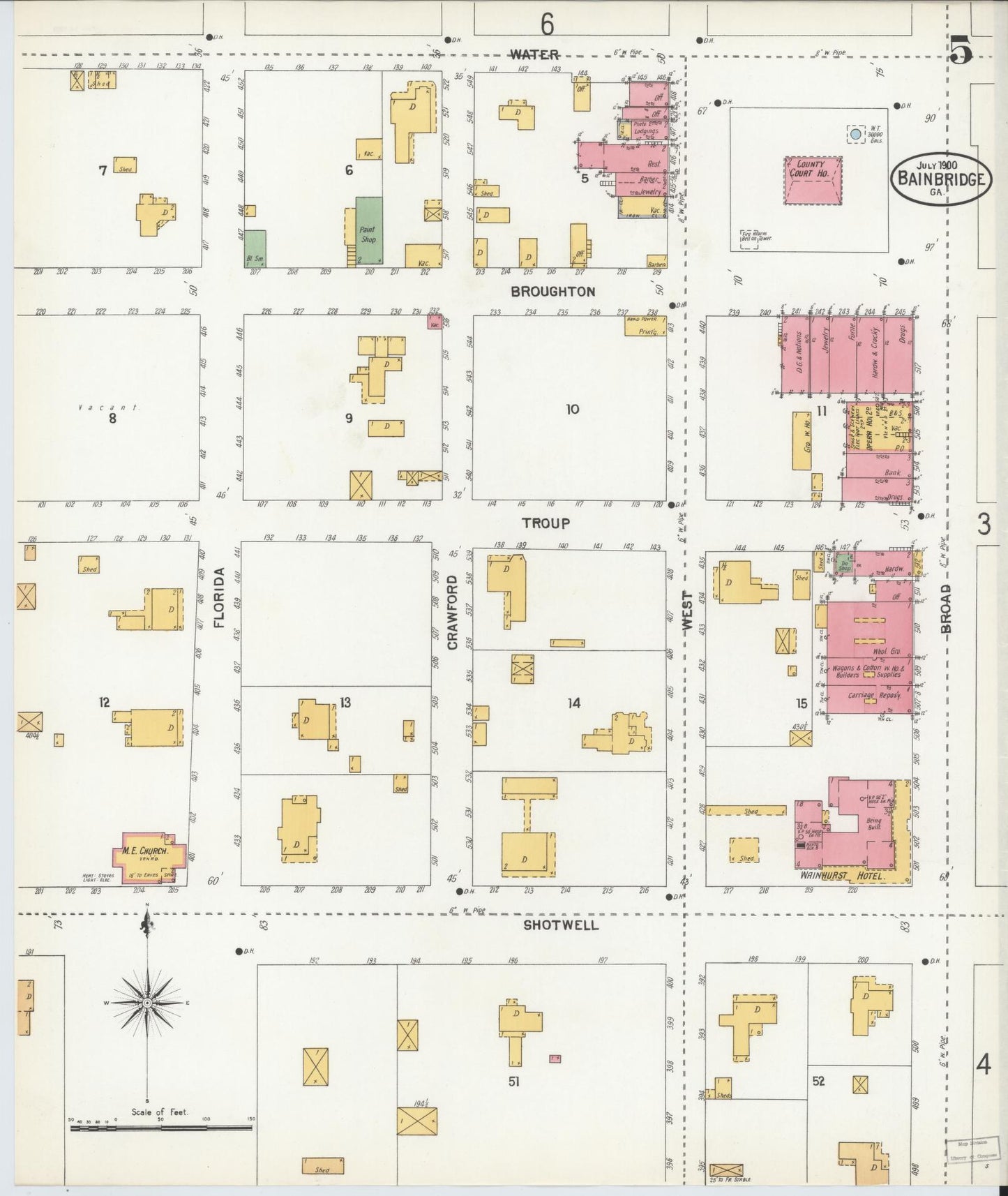 Sanborn Fire Insurance Map from Bainbridge, Decatur County, Georgia (1900), Sheet #0005 - Historic Sanborn Fire Insurance Map Print, vintage old map wall art, antique decor, genealogy gift, Georgia Georgia map