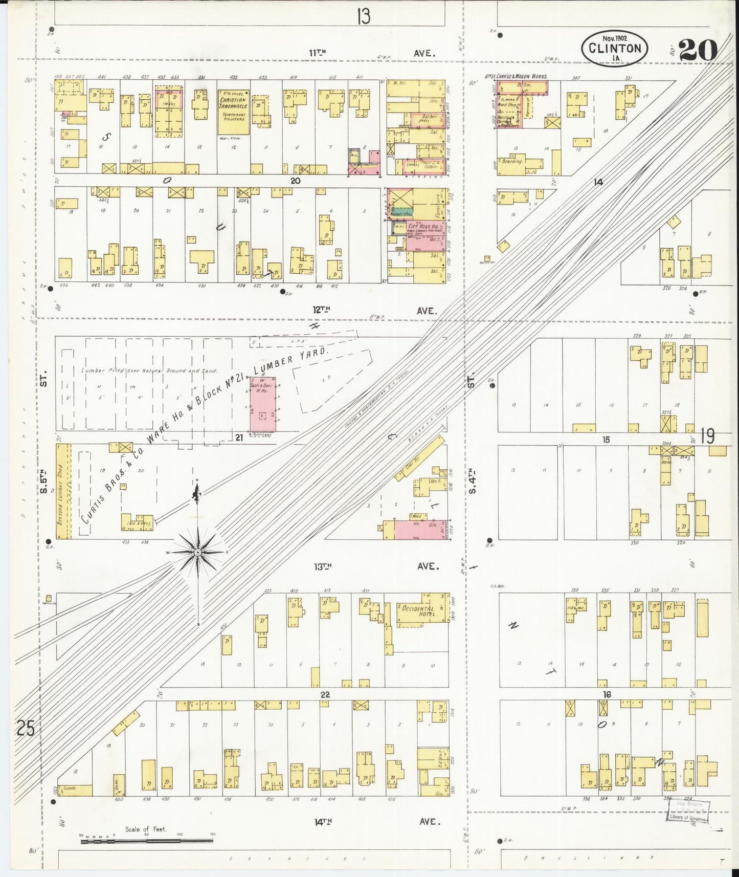 Sanborn Fire Insurance Map from Clinton, Clinton County, Iowa (1902), Sheet #0020 - Historic Sanborn Fire Insurance Map Print, vintage old map wall art
