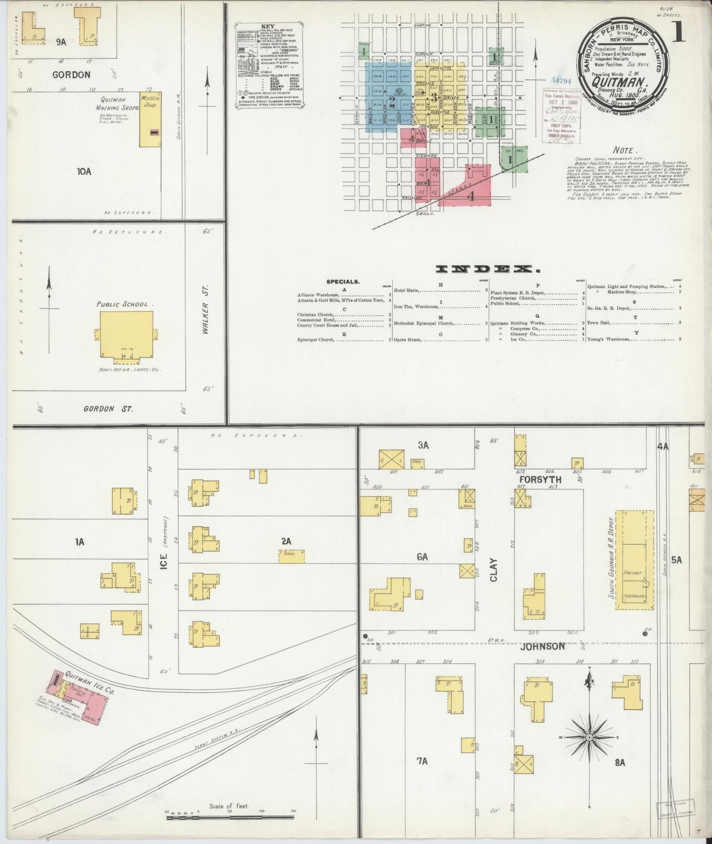 Sanborn Fire Insurance Map from Quitman, Brooks County, Georgia (1900), Sheet #0001 - Historic Sanborn Fire Insurance Map Print, vintage old map wall art, antique decor, genealogy gift, Georgia Georgia map