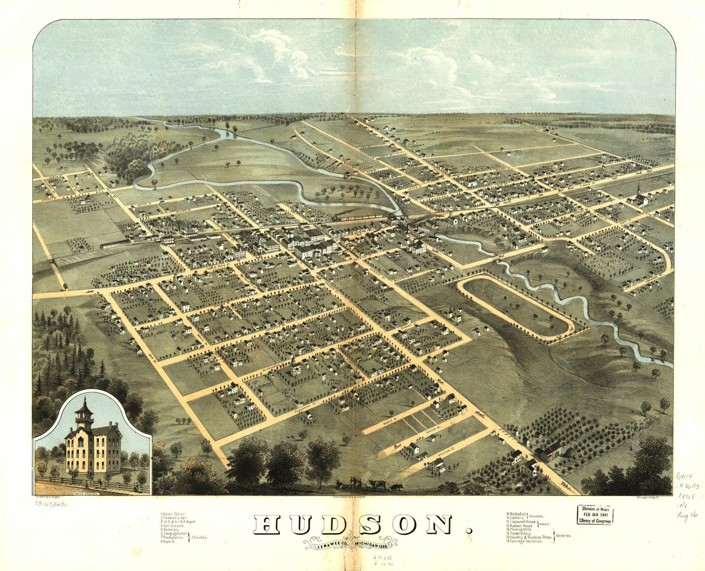 Hudson, Lenawee Co., Michigan 1868. (1868) – Historic Bird’s-Eye View Panorama Print