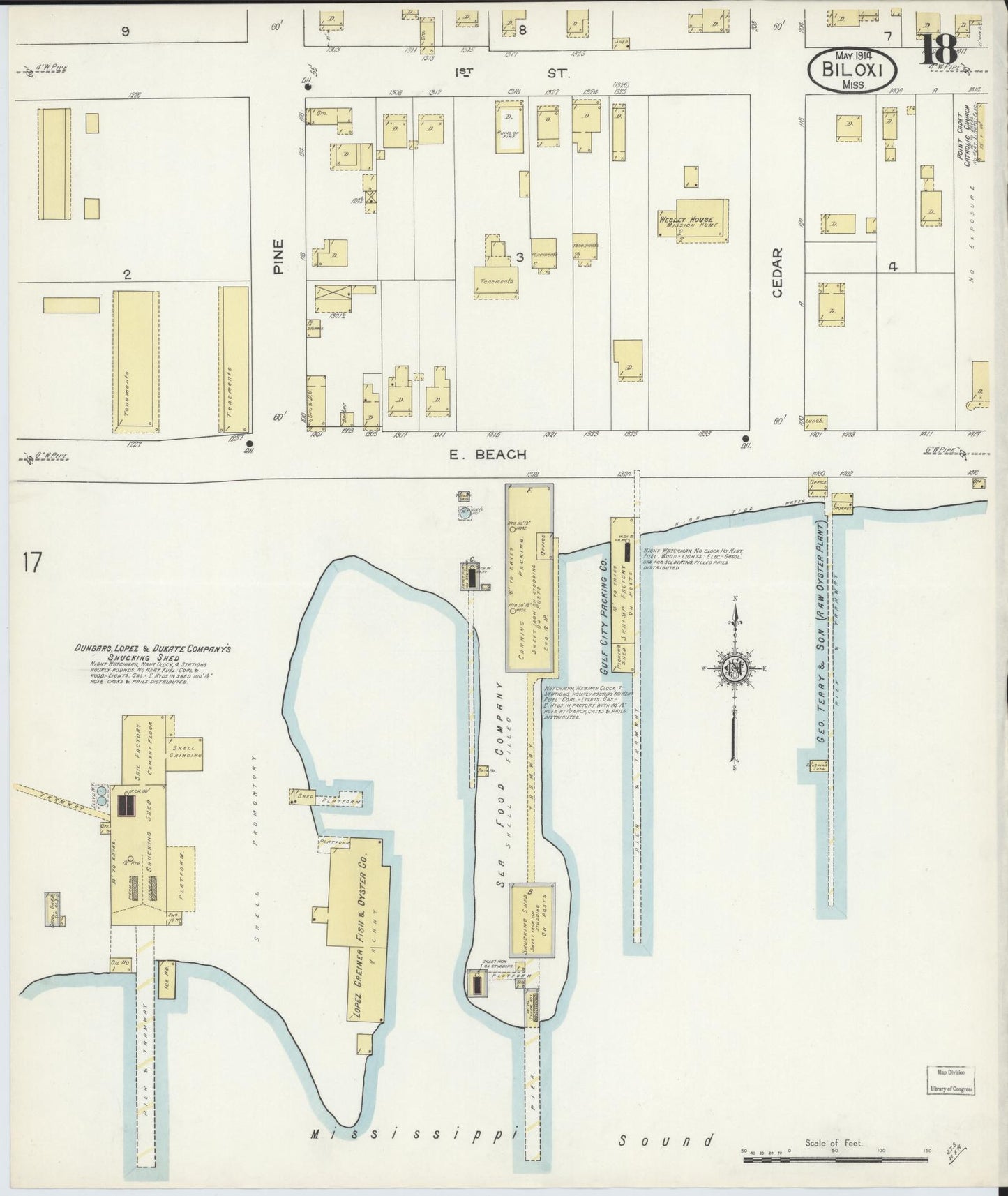 Sanborn Fire Insurance Map from Biloxi, Harrison County, Mississippi (1914), Sheet #0018 - Historic Sanborn Fire Insurance Map Print, vintage old map wall art, antique decor, genealogy gift, Mississippi Mississippi map