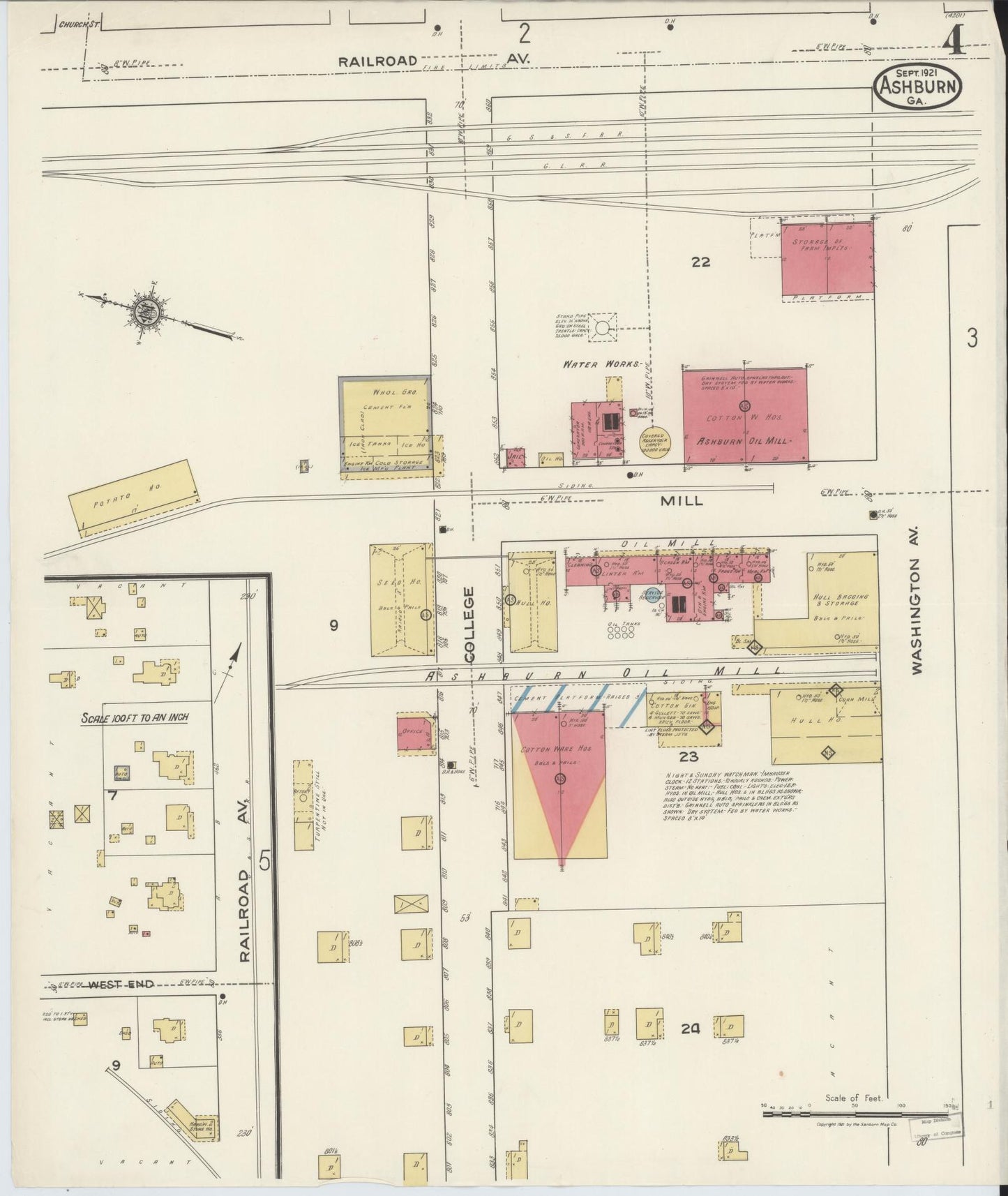 Sanborn Fire Insurance Map from Ashburn, Turner County, Georgia (1921), Sheet #0004 - Historic Sanborn Fire Insurance Map Print, vintage old map wall art, antique decor, genealogy gift, Georgia Georgia map