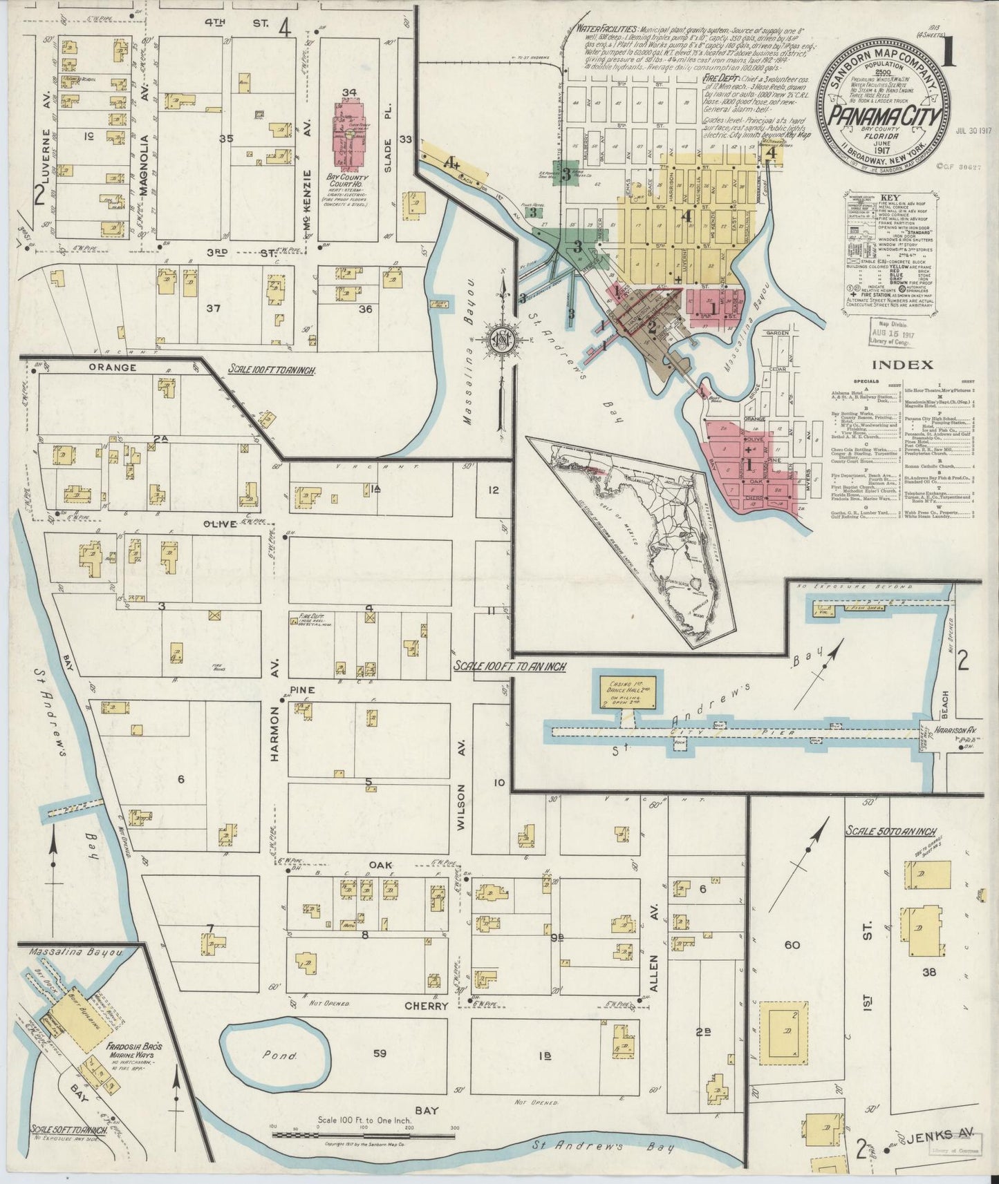 Sanborn Fire Insurance Map from Panama City, Bay County, Florida (1917), Sheet #0001 - Historic Sanborn Fire Insurance Map Print, vintage old map wall art, antique decor, genealogy gift, Florida Florida map