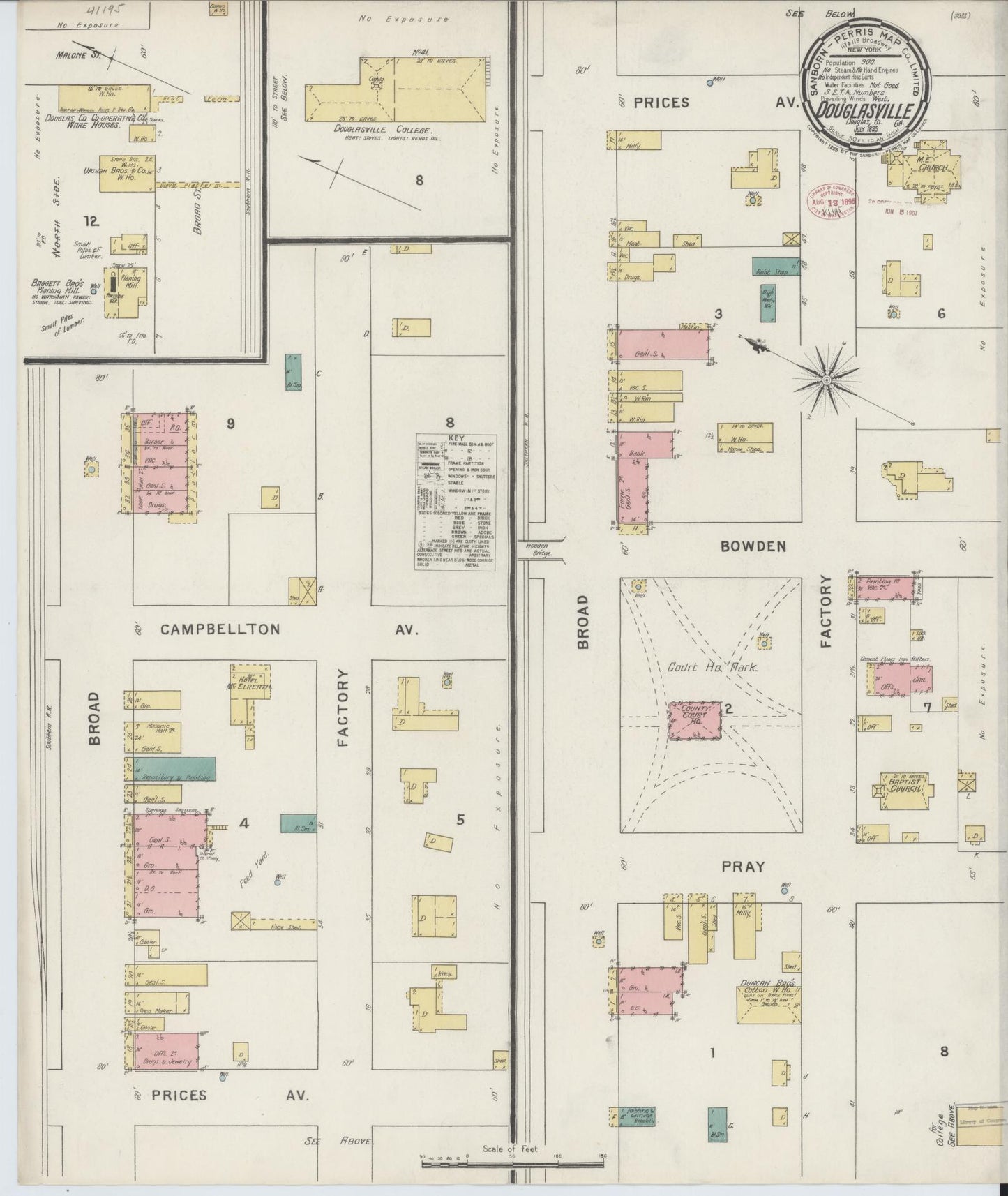 Sanborn Fire Insurance Map from Douglasville, Douglas County, Georgia (1895), Sheet #0001 - Historic Sanborn Fire Insurance Map Print, vintage old map wall art, antique decor, genealogy gift, Georgia Georgia map