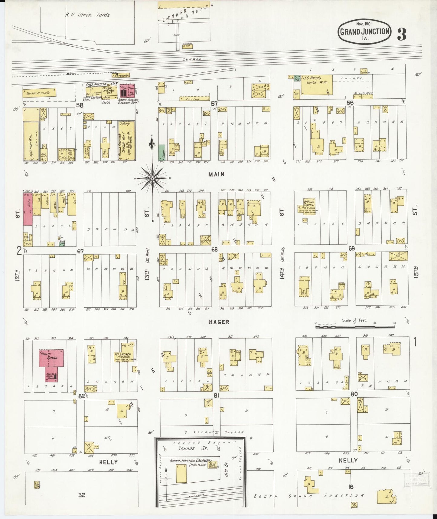 Sanborn Fire Insurance Map from Grand Junction, Greene County, Iowa (1901), Sheet #0003 - Historic Sanborn Fire Insurance Map Print, vintage old map wall art