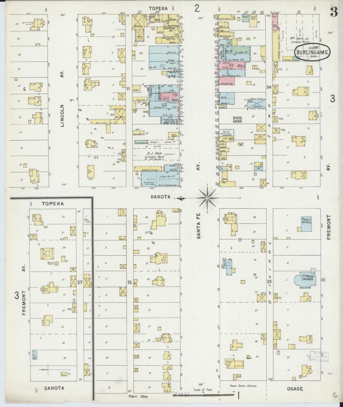 Sanborn Fire Insurance Map from Burlingame, Osage County, Kansas (1897), Sheet #0003 - Complete Map Set gallery image, historic Sanborn map, vintage wall art, Kansas Kansas