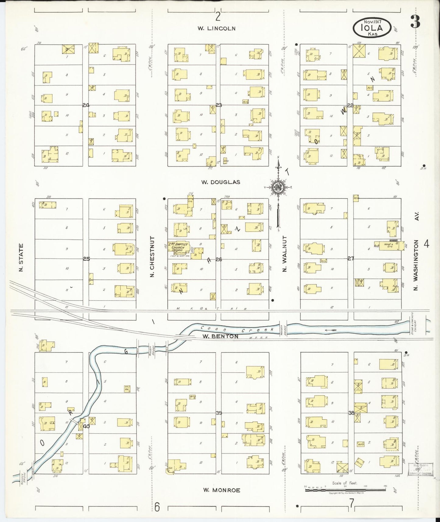 Sanborn Fire Insurance Map from Iola, Allen County, Kansas (1917), Sheet #0003 - Historic Sanborn Fire Insurance Map Print, vintage old map wall art, antique decor, genealogy gift, Kansas Kansas map