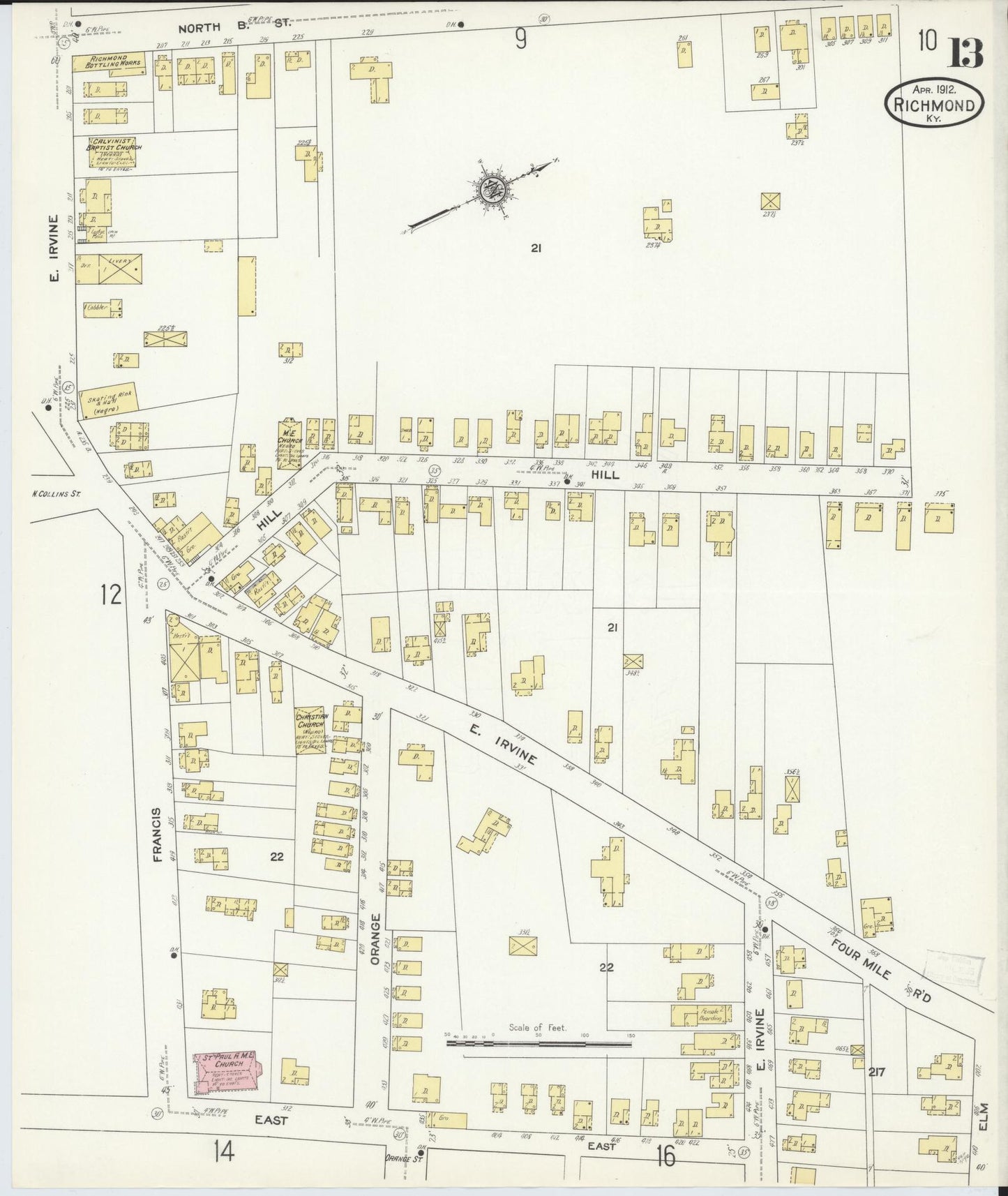 Sanborn Fire Insurance Map from Richmond, Madison County, Kentucky (1912), Sheet #0013 - Historic Sanborn Fire Insurance Map Print, vintage old map wall art, antique decor, genealogy gift, Kentucky Kentucky map