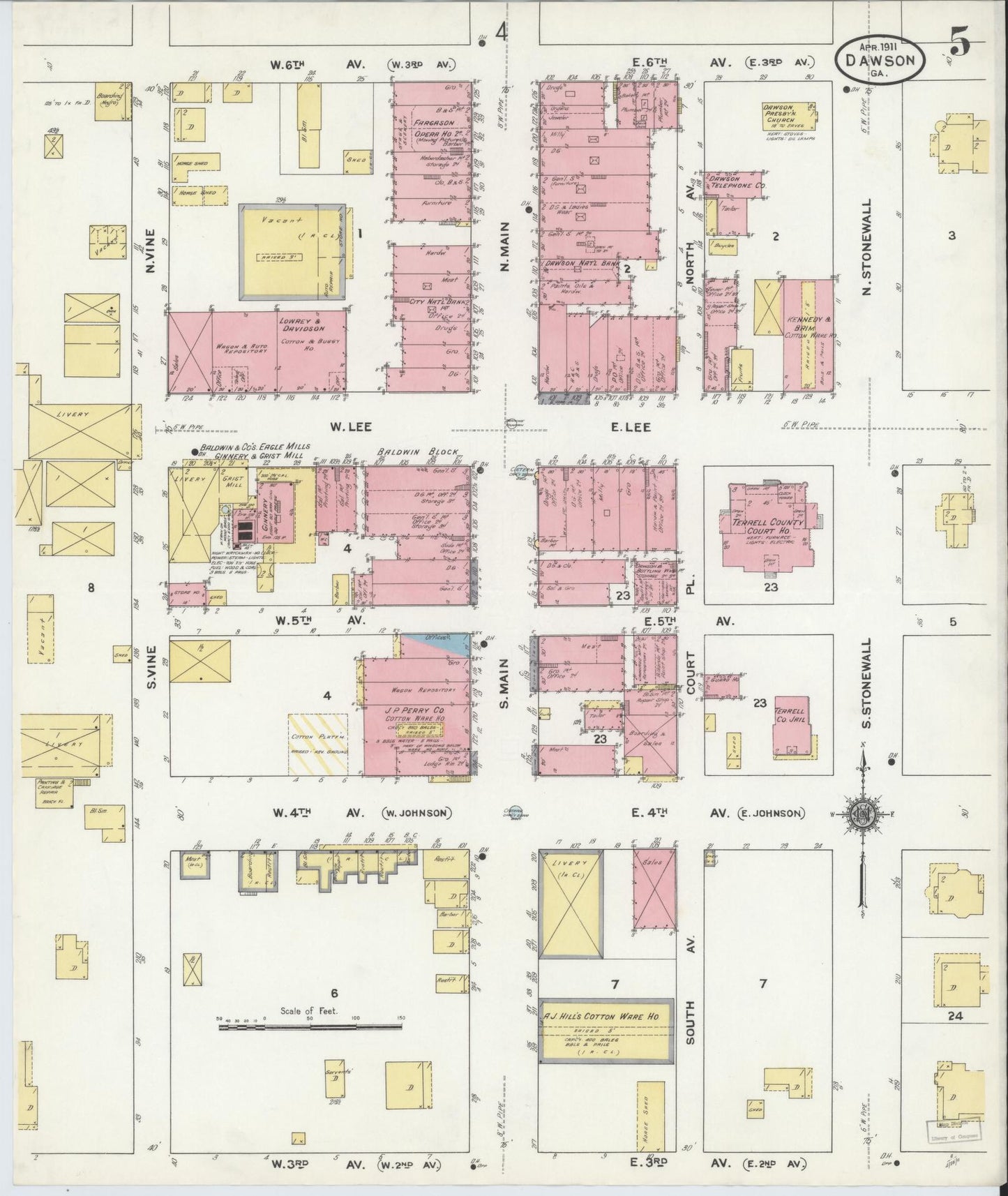 Sanborn Fire Insurance Map from Dawson, Terrell County, Georgia (1911), Sheet #0005 - Complete Map Set gallery image, historic Sanborn map, vintage wall art, Georgia Georgia