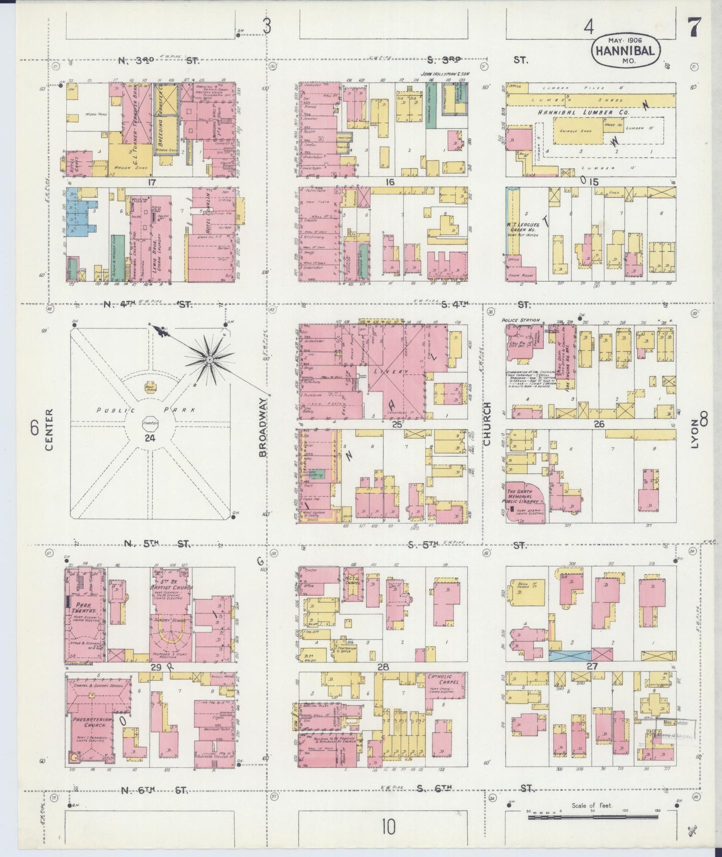 Sanborn Fire Insurance Map from Hannibal, Marion County, Missouri (1906), Sheet #0007 - Historic Sanborn Fire Insurance Map Print, vintage old map wall art, antique decor, genealogy gift, Missouri Missouri map