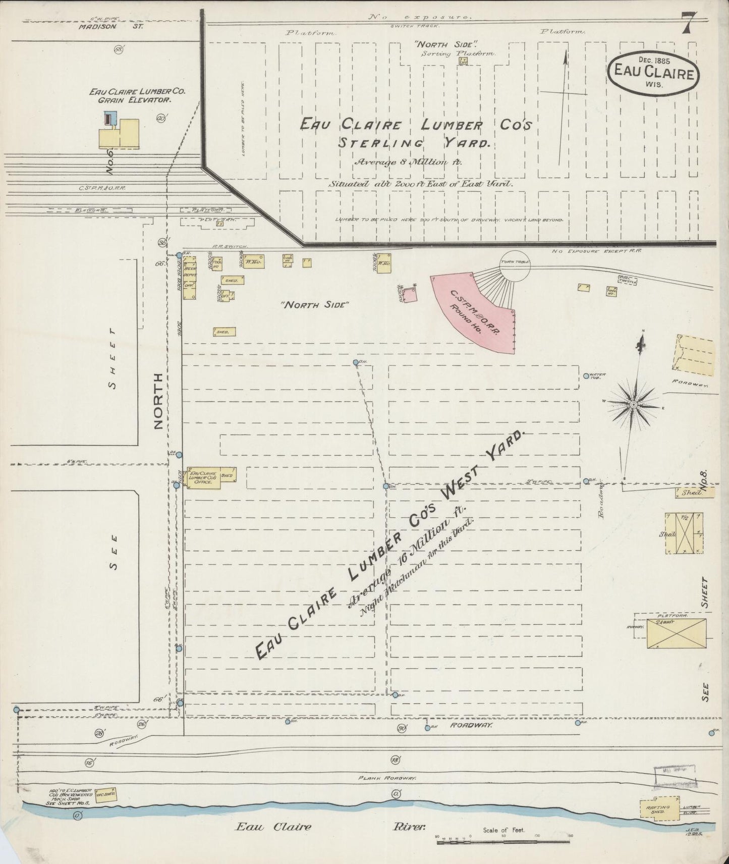 Sanborn Fire Insurance Map from Eau Claire, Eau Claire County, Wisconsin (1885), Sheet #0007 - Historic Sanborn Fire Insurance Map Print, vintage old map wall art, antique decor, genealogy gift, Wisconsin Wisconsin map