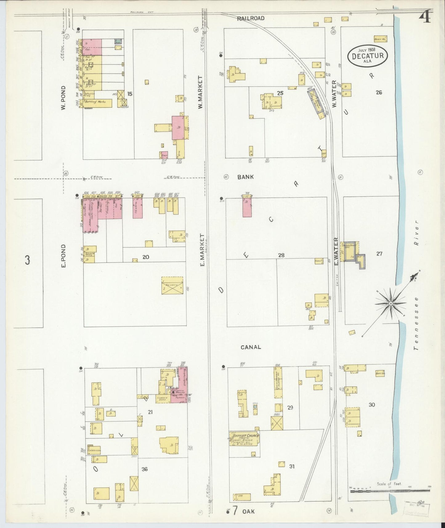 Sanborn Fire Insurance Map from Decatur, Morgan County, Alabama (1908), Sheet #0004 - Historic Sanborn Fire Insurance Map Print, vintage old map wall art, antique decor, genealogy gift, Alabama Alabama map