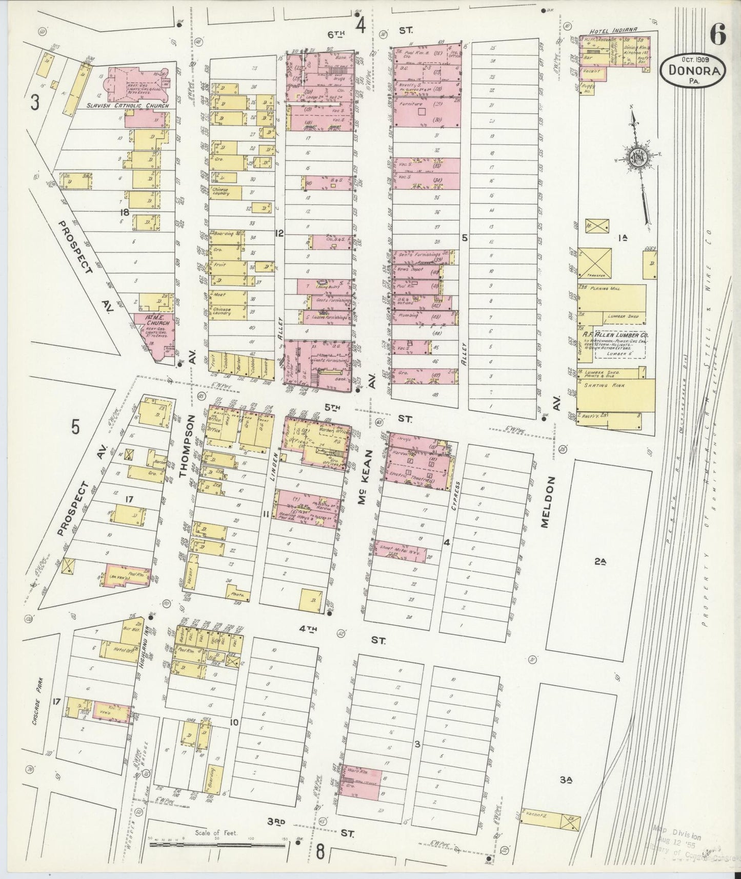 Sanborn Fire Insurance Map from Donora, Washington County, Pennsylvania (1909), Sheet #0006 - Historic Sanborn Fire Insurance Map Print, vintage old map wall art, antique decor, genealogy gift, Pennsylvania Pennsylvania map