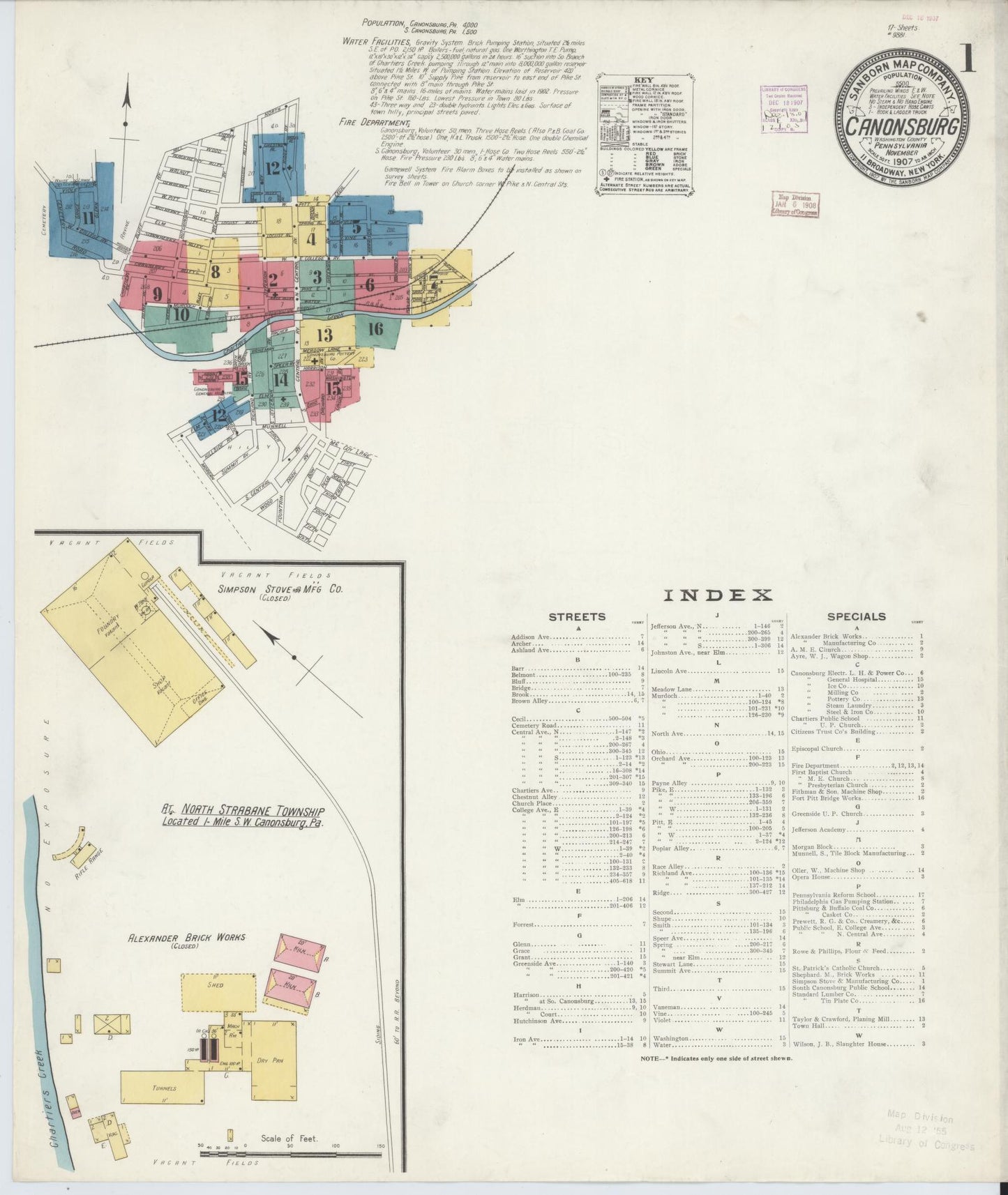 Sanborn Fire Insurance Map from Canonsburg, Washington County, Pennsylvania (1907), Sheet #0001 - Historic Sanborn Fire Insurance Map Print, vintage old map wall art, antique decor, genealogy gift, Pennsylvania Pennsylvania map