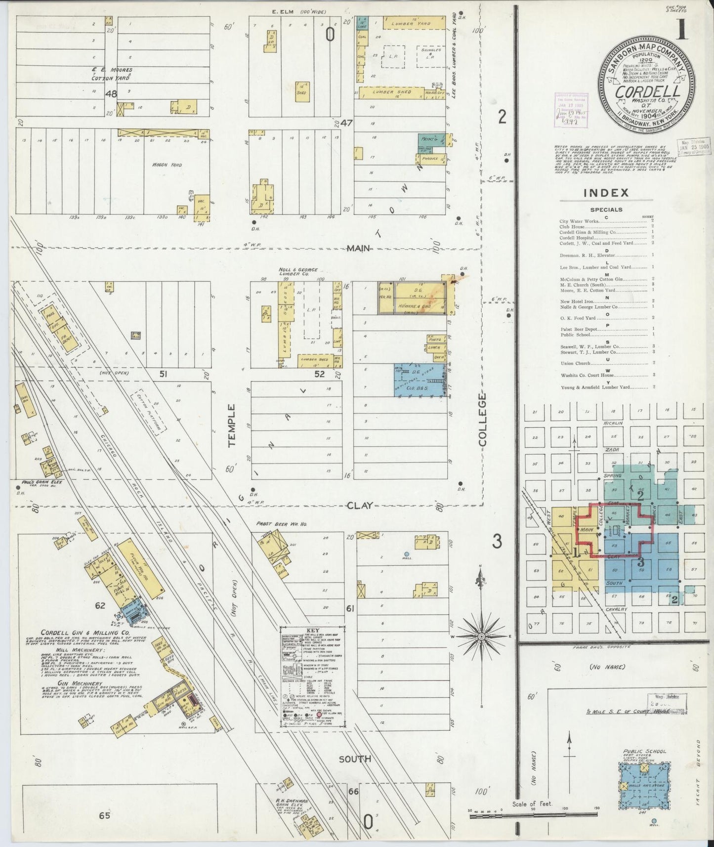 Sanborn Fire Insurance Map from Cordell, Washita County, Oklahoma (1904), Sheet #0001 - Historic Sanborn Fire Insurance Map Print, vintage old map wall art, antique decor, genealogy gift, Oklahoma Oklahoma map
