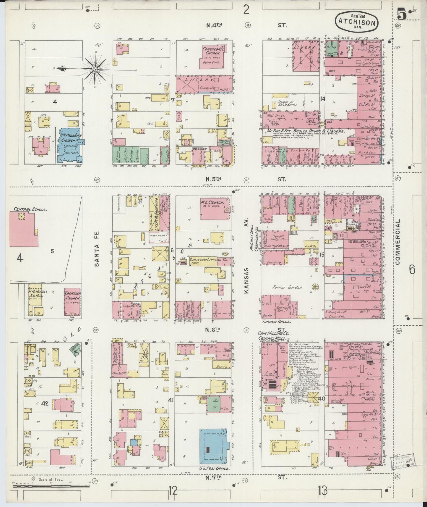 Sanborn Fire Insurance Map from Atchison, Atchison County, Kansas (1896), Sheet #0005 - Historic Sanborn Fire Insurance Map Print, vintage old map wall art, antique decor, genealogy gift, Kansas Kansas map