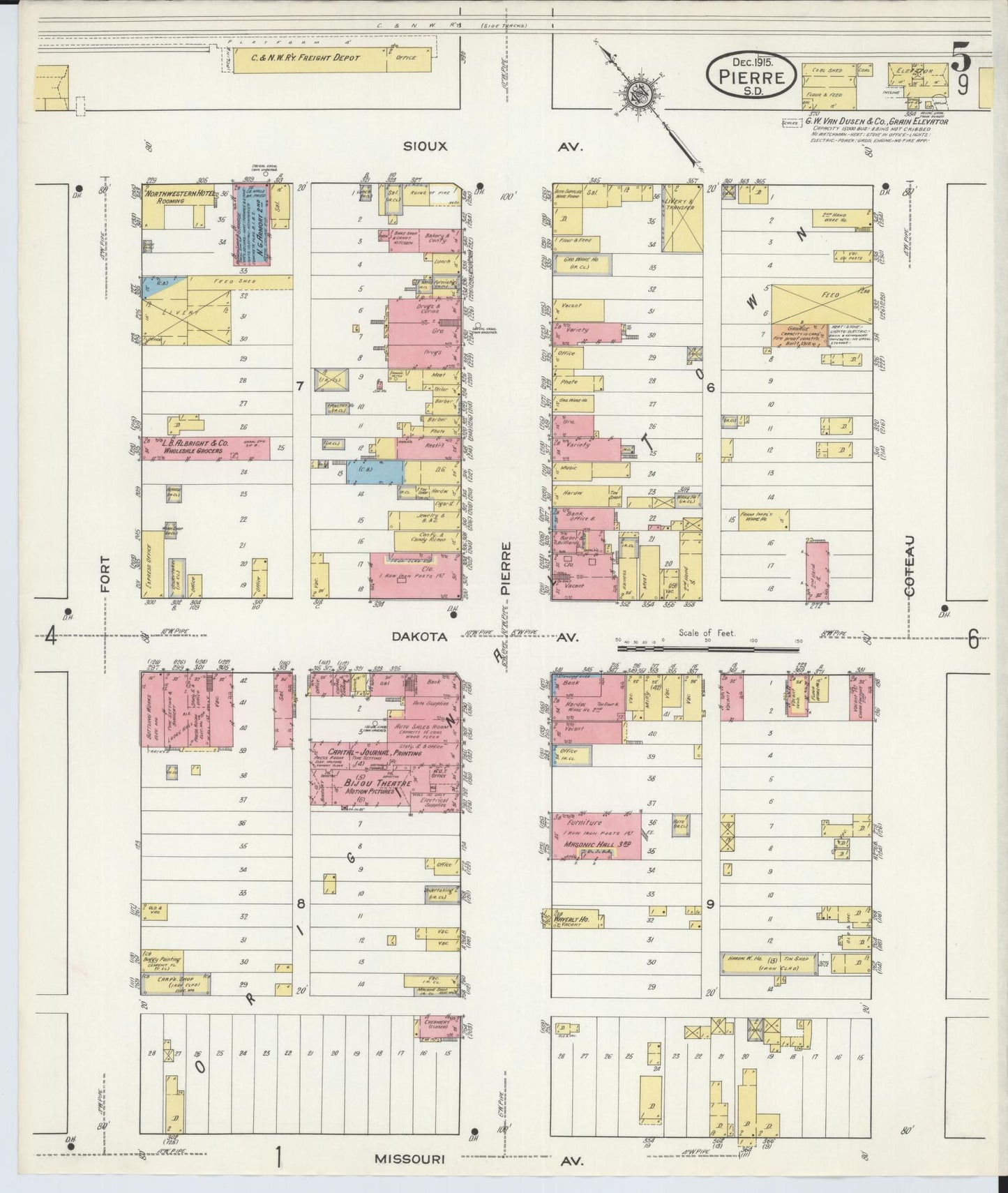 Sanborn Fire Insurance Map from Pierre, Hughes County, South Dakota (1915), Sheet #0005 - Historic Sanborn Fire Insurance Map Print, vintage old map wall art, antique decor, genealogy gift, South Dakota South Dakota map