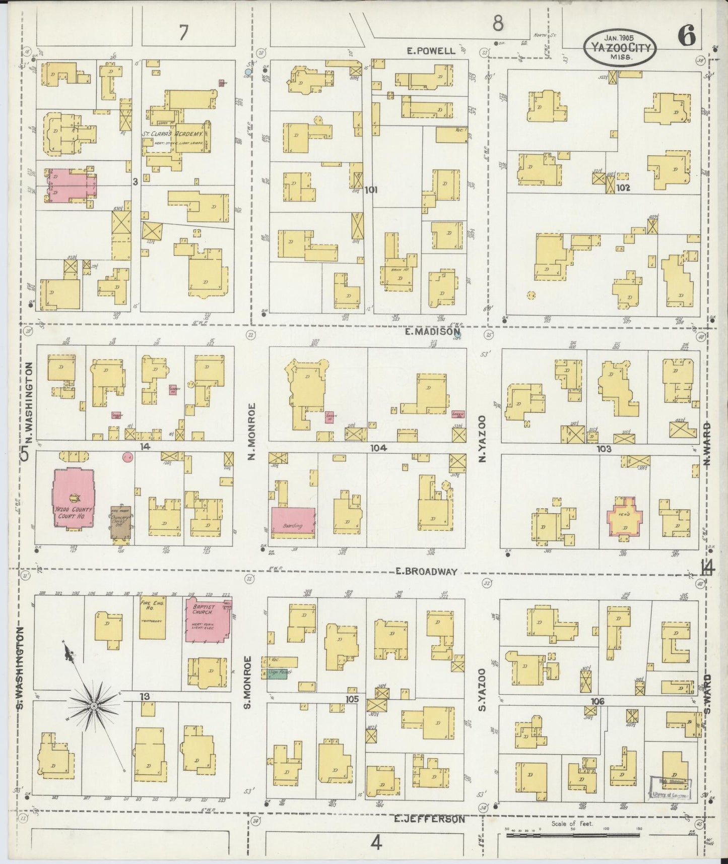 Sanborn Fire Insurance Map from Yazoo City, Yazoo County, Mississippi (1905), Sheet #0006 - Historic Sanborn Fire Insurance Map Print, vintage old map wall art, antique decor, genealogy gift, Mississippi Mississippi map
