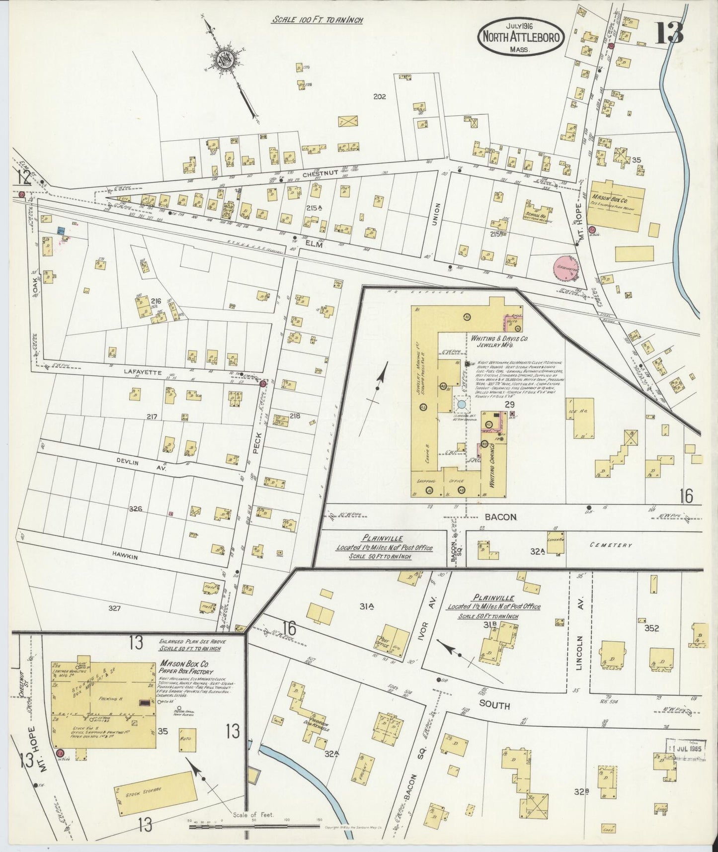 Sanborn Fire Insurance Map from North Attleborough, Bristol County, Massachusetts (1916), Sheet #0013 - Historic Sanborn Fire Insurance Map Print, vintage old map wall art, antique decor, genealogy gift, Massachusetts Massachusetts map