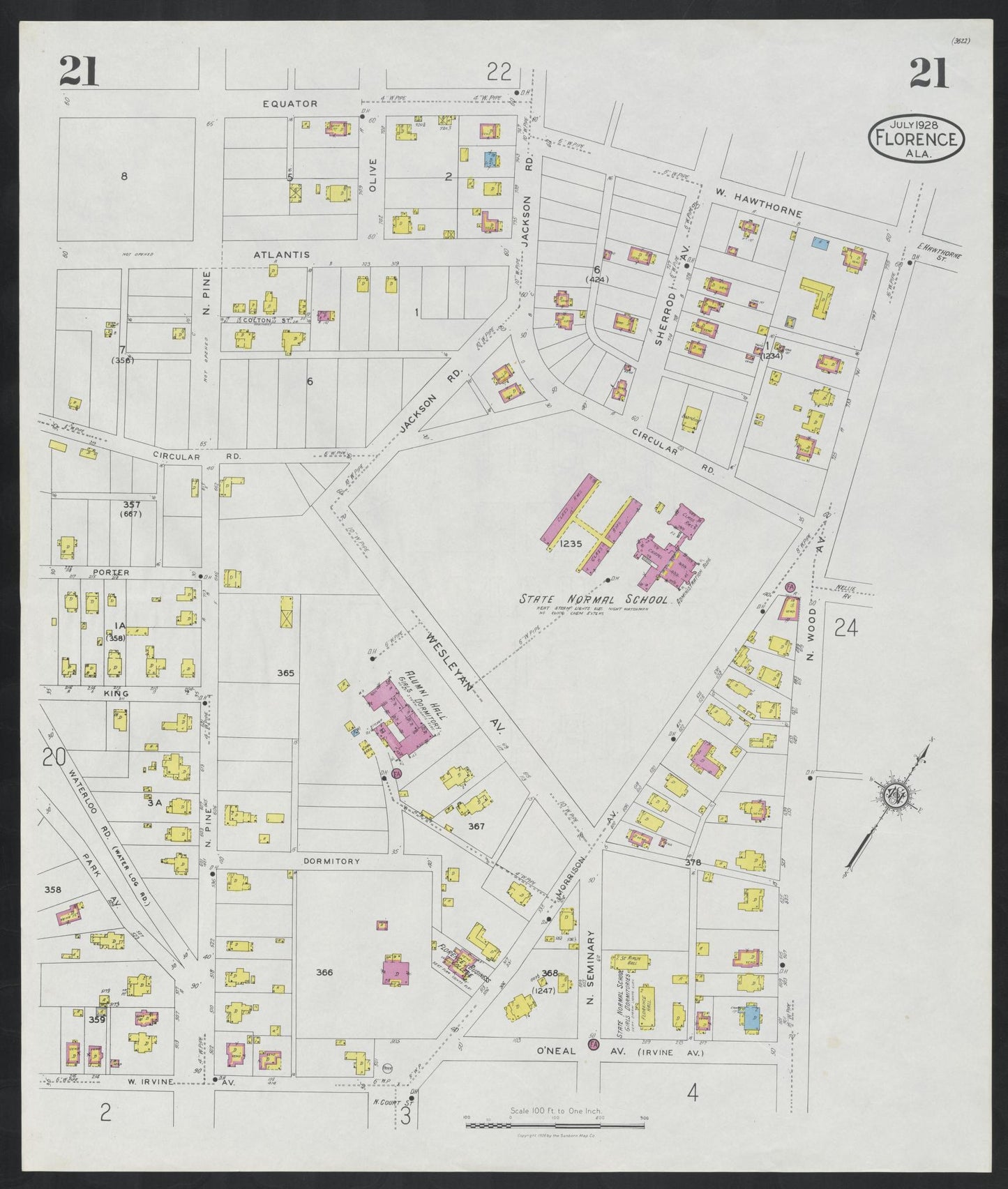 Sanborn Fire Insurance Map from Florence, Lauderdale County, Alabama (1928), Sheet #0021 - Historic Sanborn Fire Insurance Map Print, vintage old map wall art, antique decor, genealogy gift, Alabama Alabama map