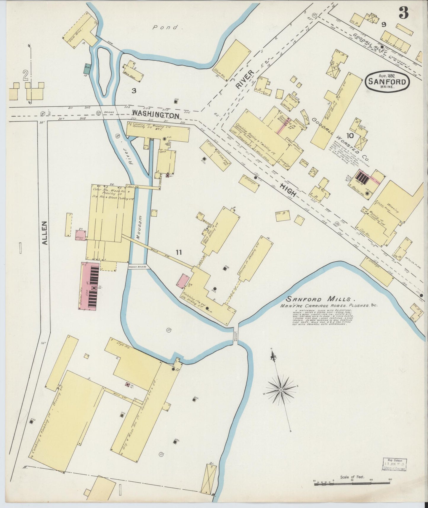 Sanborn Fire Insurance Map from Sanford, York County, Maine (1892), Sheet #0003 - Historic Sanborn Fire Insurance Map Print, vintage old map wall art, antique decor, genealogy gift, Maine Maine map