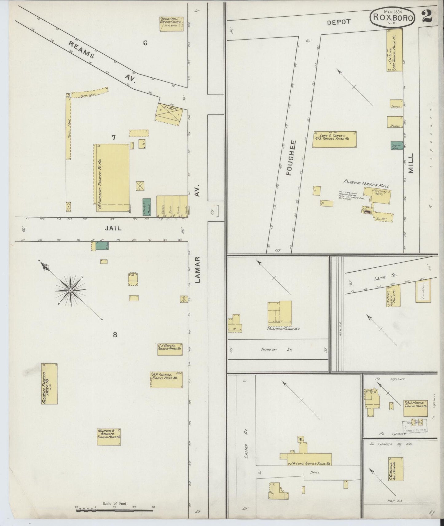 Sanborn Fire Insurance Map from Roxboro, Person County, North Carolina (1894), Sheet #0002 - Historic Sanborn Fire Insurance Map Print, vintage old map wall art, antique decor, genealogy gift, North Carolina North Carolina map