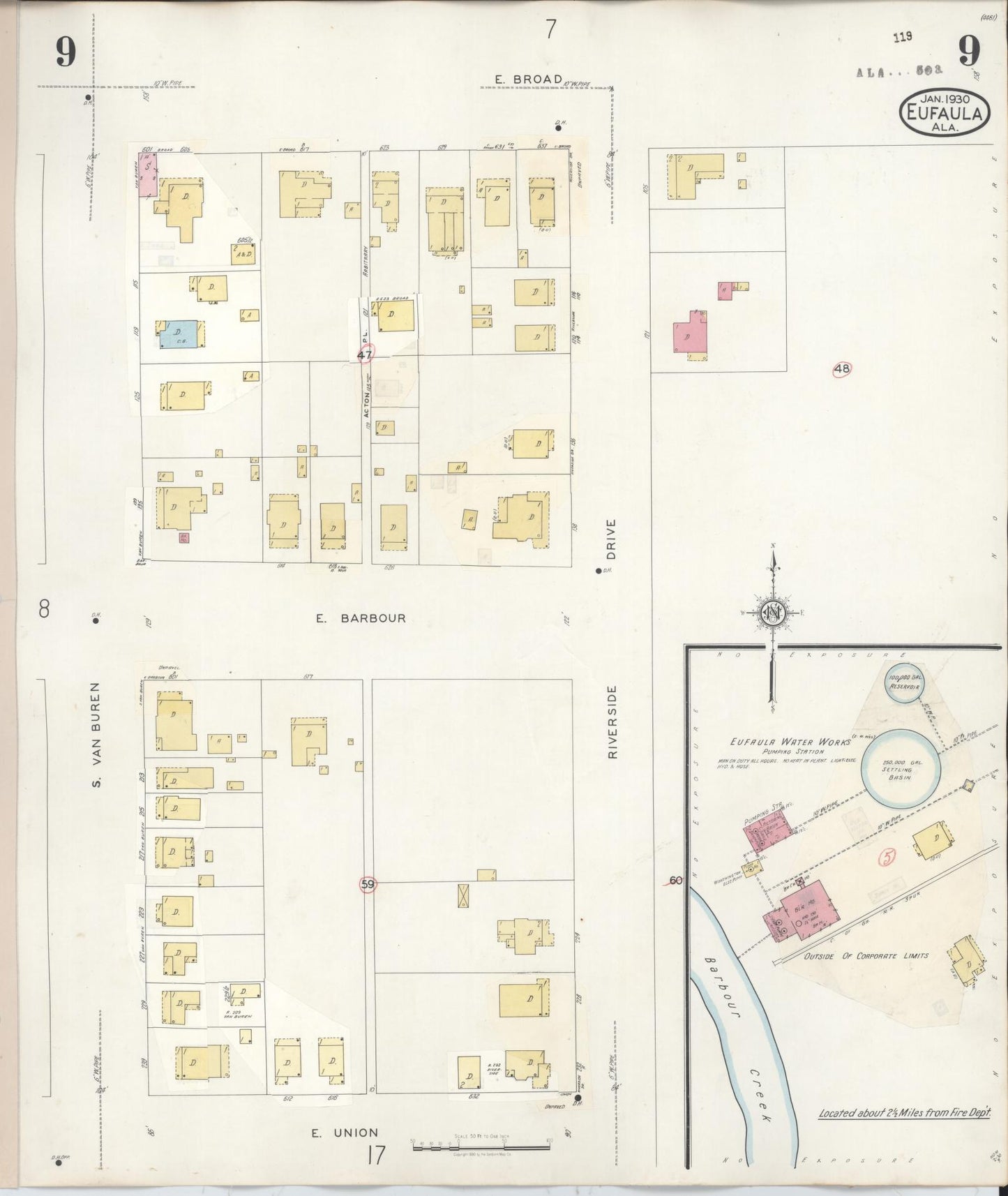 Sanborn Fire Insurance Map from Eufaula, Barbour County, Alabama (1950), Sheet #0009 - Historic Sanborn Fire Insurance Map Print, vintage old map wall art, antique decor, genealogy gift, Alabama Alabama map