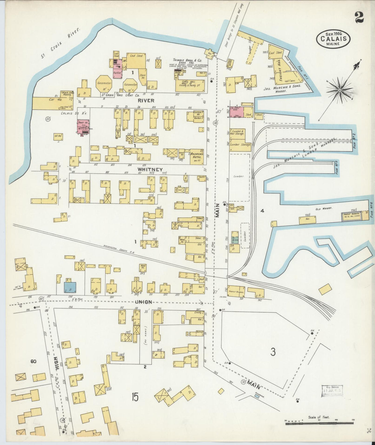 Sanborn Fire Insurance Map from Calais, Washington County, Maine (1906), Sheet #0002 - Historic Sanborn Fire Insurance Map Print, vintage old map wall art, antique decor, genealogy gift, Maine Maine map