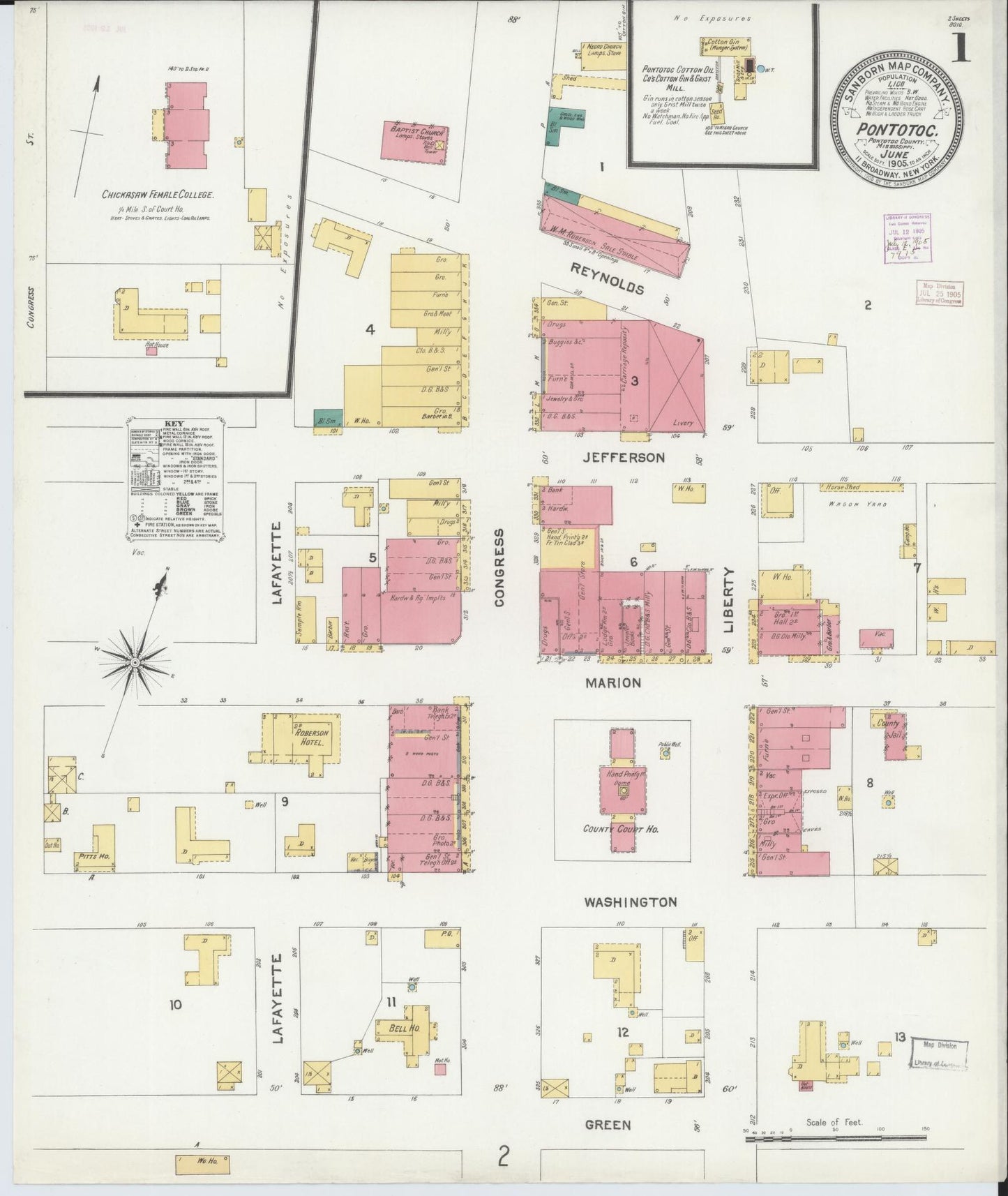 Sanborn Fire Insurance Map from Pontotoc, Pontotoc County, Mississippi (1905), Sheet #0001 - Historic Sanborn Fire Insurance Map Print, vintage old map wall art, antique decor, genealogy gift, Mississippi Mississippi map