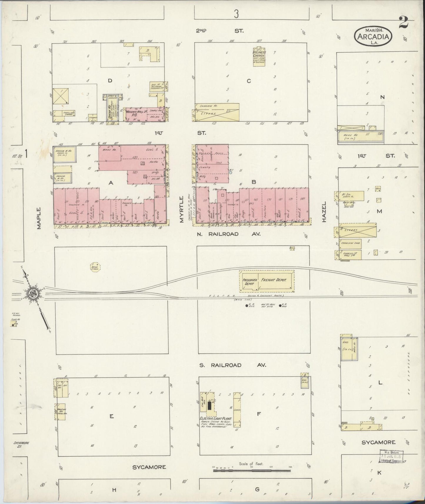 Sanborn Fire Insurance Map from Arcadia, Bienville Parish, Louisiana (1914), Sheet #0002 - Historic Sanborn Fire Insurance Map Print, vintage old map wall art, antique decor, genealogy gift, Louisiana Louisiana map