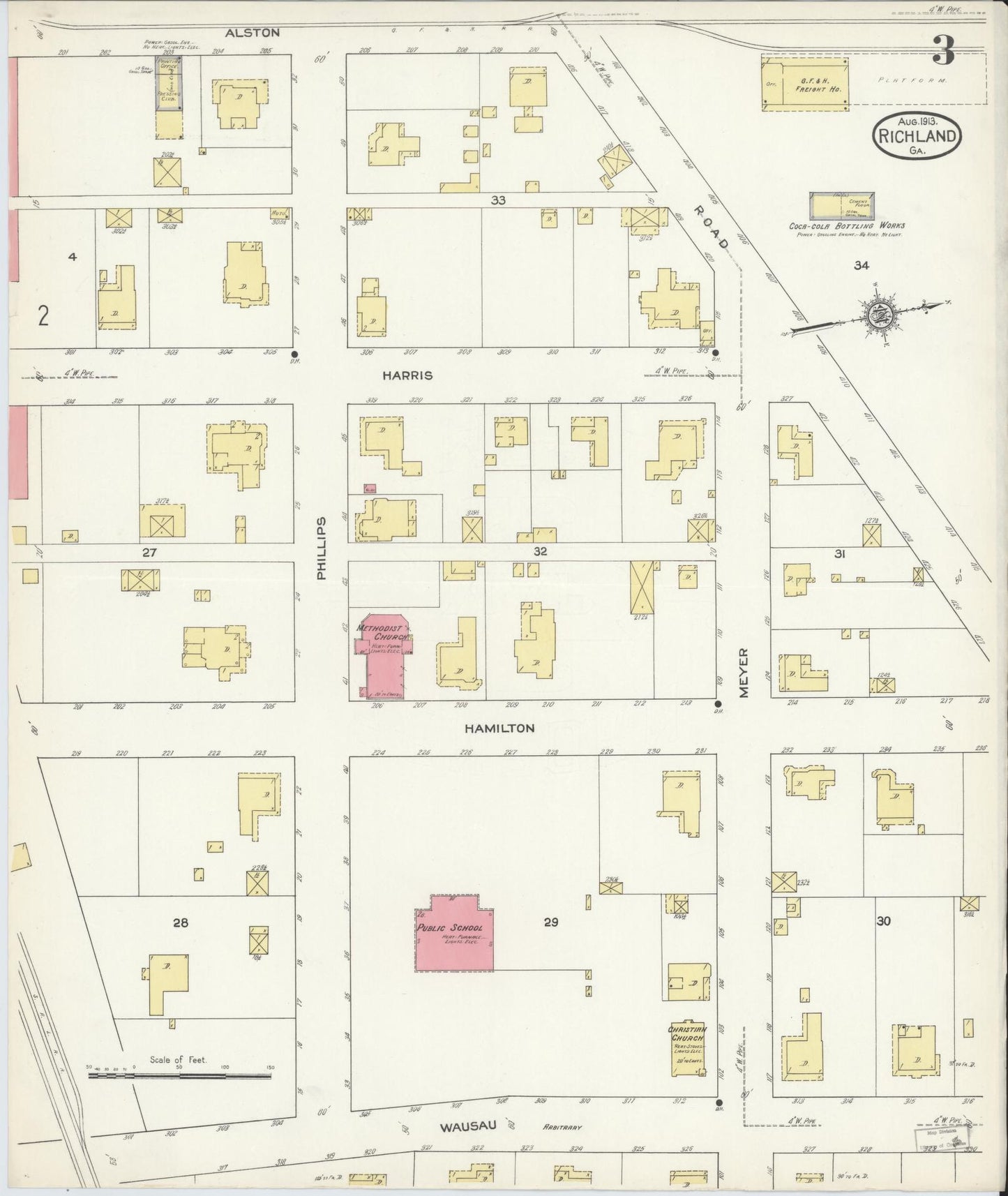Sanborn Fire Insurance Map from Richland, Stewart County, Georgia (1913), Sheet #0003 - Historic Sanborn Fire Insurance Map Print, vintage old map wall art, antique decor, genealogy gift, Georgia Georgia map