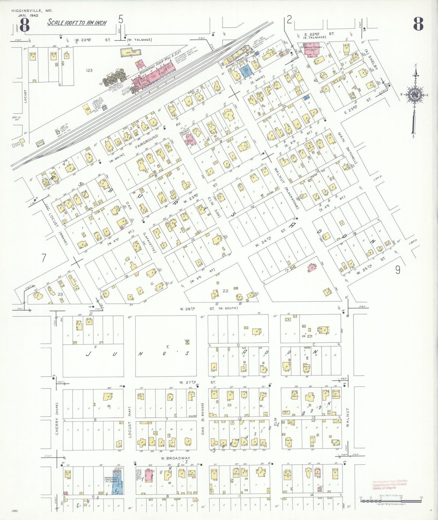 Sanborn Fire Insurance Map from Higginsville, Lafayette County, Missouri (1942), Sheet #0008 - Historic Sanborn Fire Insurance Map Print, vintage old map wall art, antique decor, genealogy gift, Missouri Missouri map