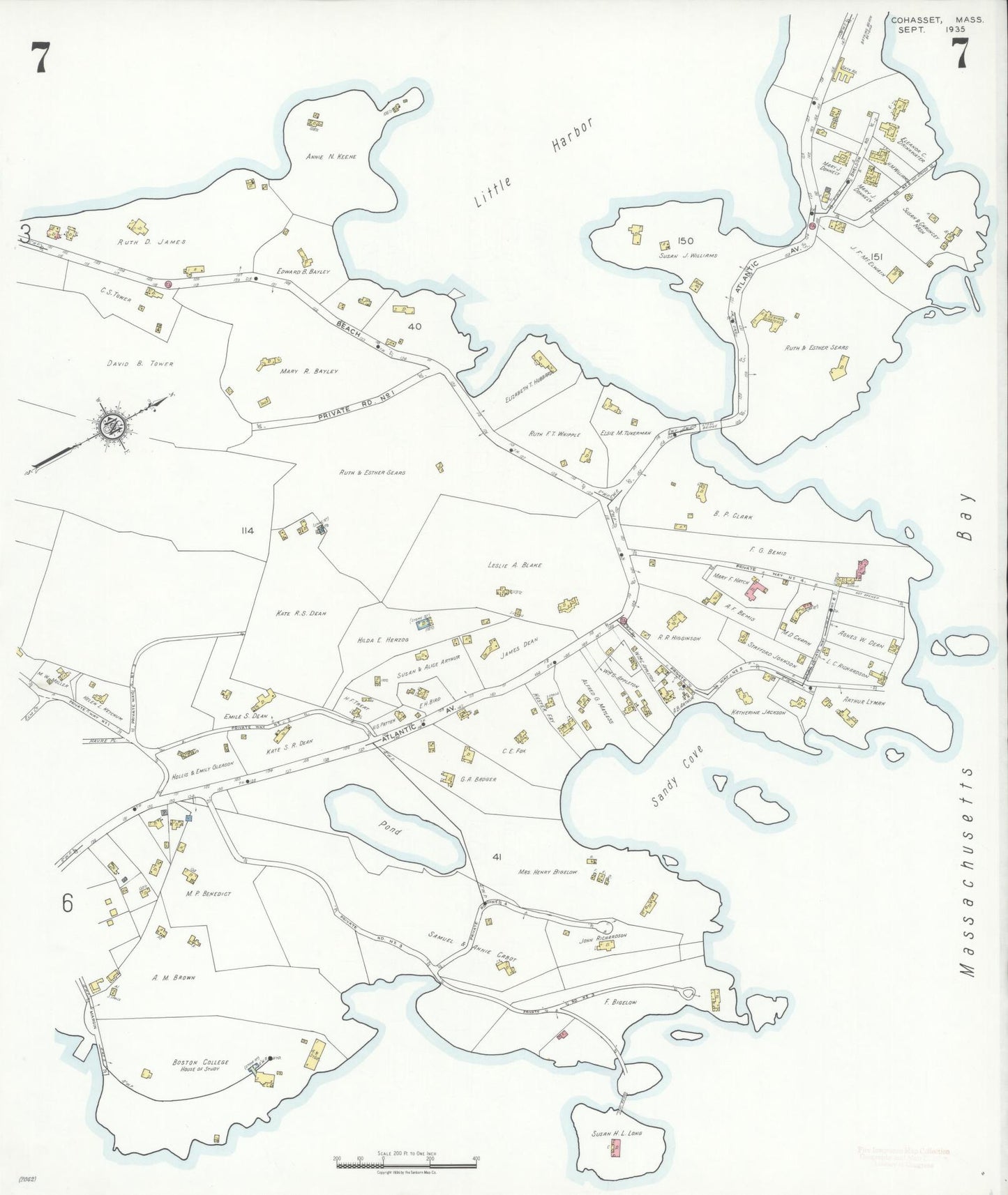 Sanborn Fire Insurance Map from Cohasset, Norfolk County, Massachusetts (1935), Sheet #0007 - Historic Sanborn Fire Insurance Map Print, vintage old map wall art, antique decor, genealogy gift, Massachusetts Massachusetts map