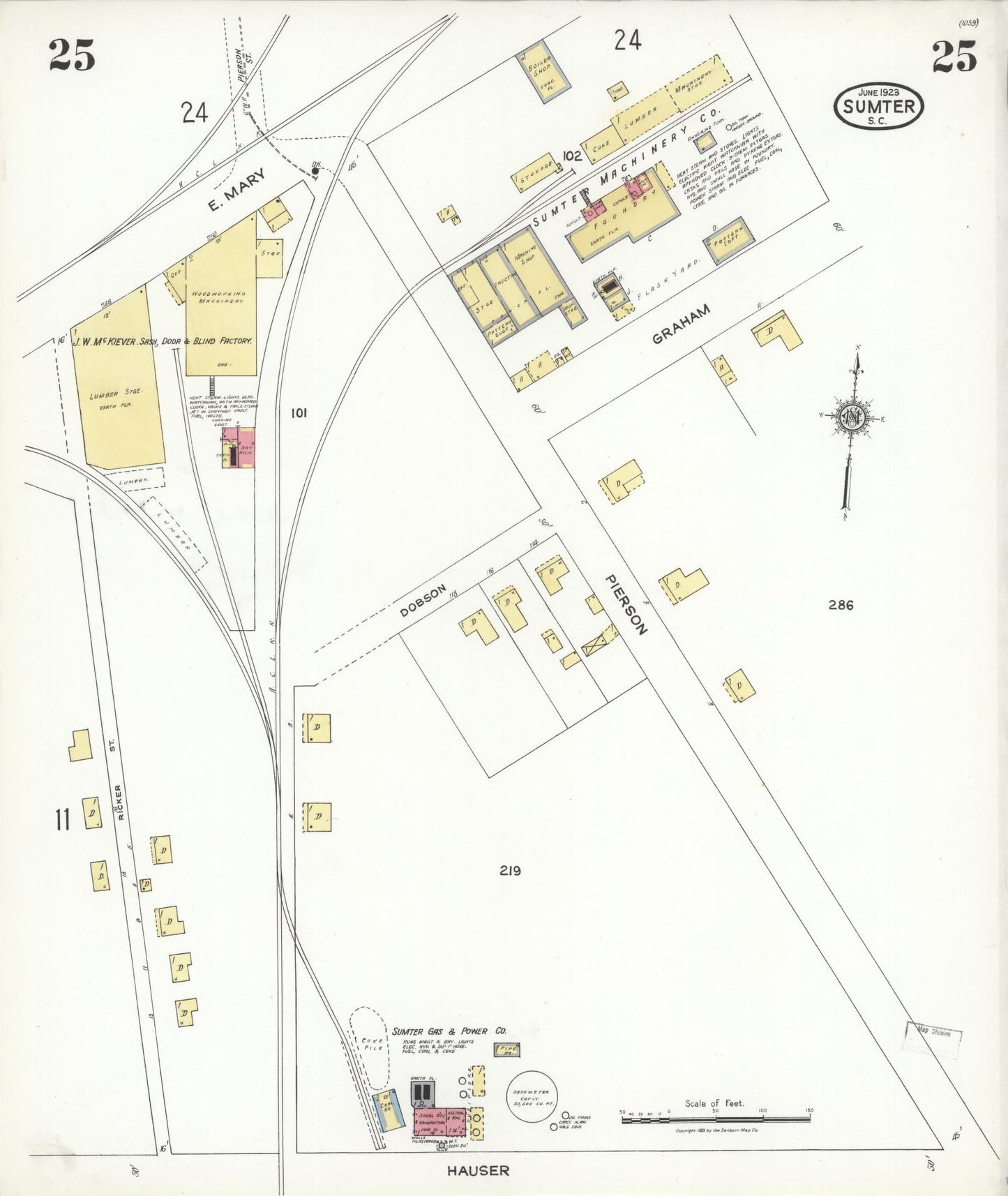 Sanborn Fire Insurance Map from Sumter, Sumter County, South Carolina (1923), Sheet #0025 - Historic Sanborn Fire Insurance Map Print, vintage old map wall art, antique decor, genealogy gift, South Carolina South Carolina map