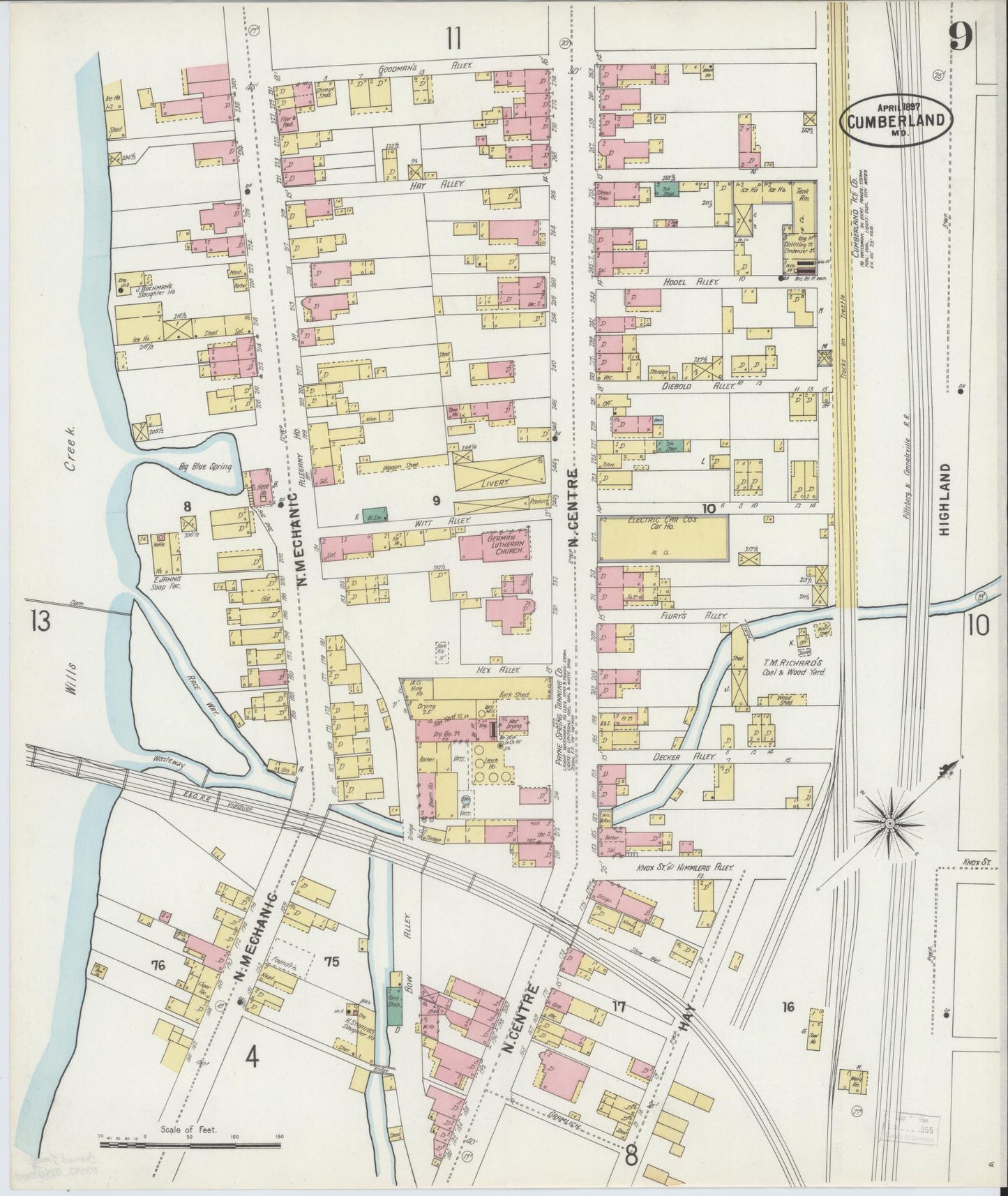 Allegany, Maryland - 1897 - Sanborn Fire Insurance Map, Sheet #0009 - Historic Sanborn Fire Insurance Map Print, Allegany Maryland 1897 0009 vintage old map wall art
