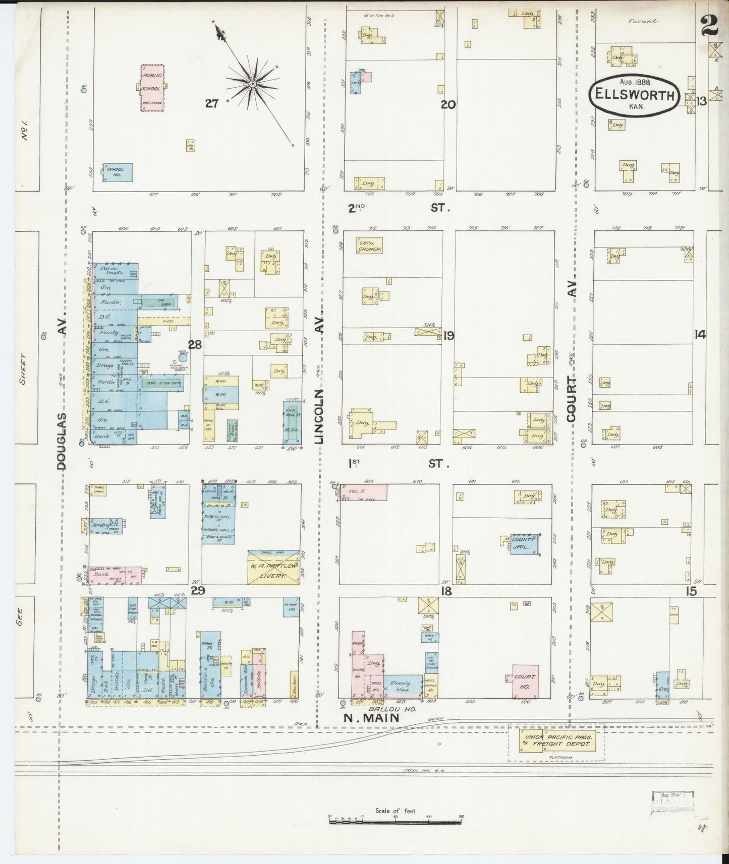 Sanborn Fire Insurance Map from Ellsworth, Ellsworth County, Kansas (1888), Sheet #0002 - Complete Map Set gallery image, historic Sanborn map, vintage wall art, Kansas Kansas