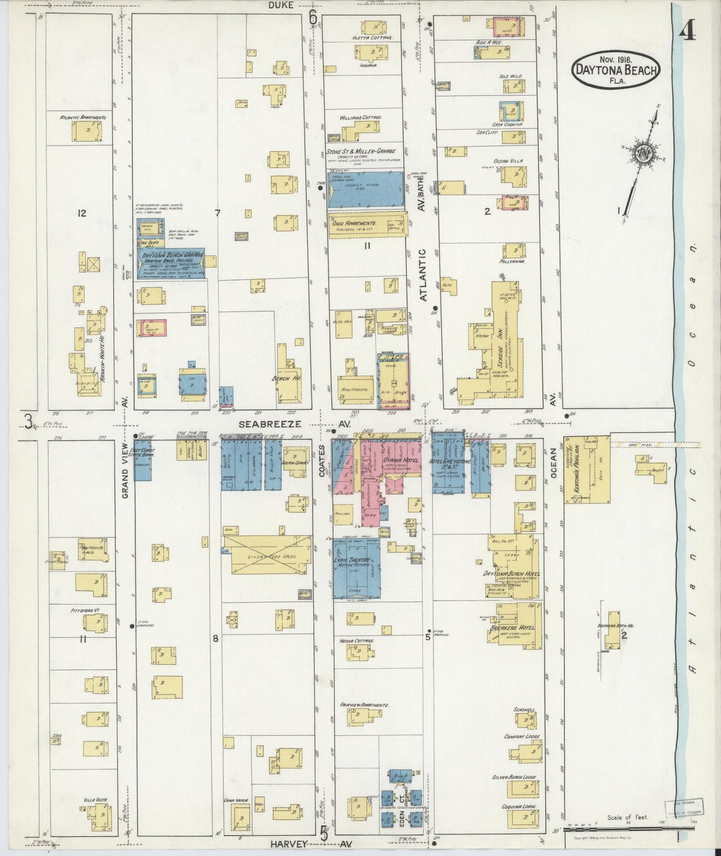 Sanborn Fire Insurance Map from Daytona Beach, Volusia County, Florida (1916), Sheet #0004 - Historic Sanborn Fire Insurance Map Print, vintage old map wall art, antique decor, genealogy gift, Florida Florida map