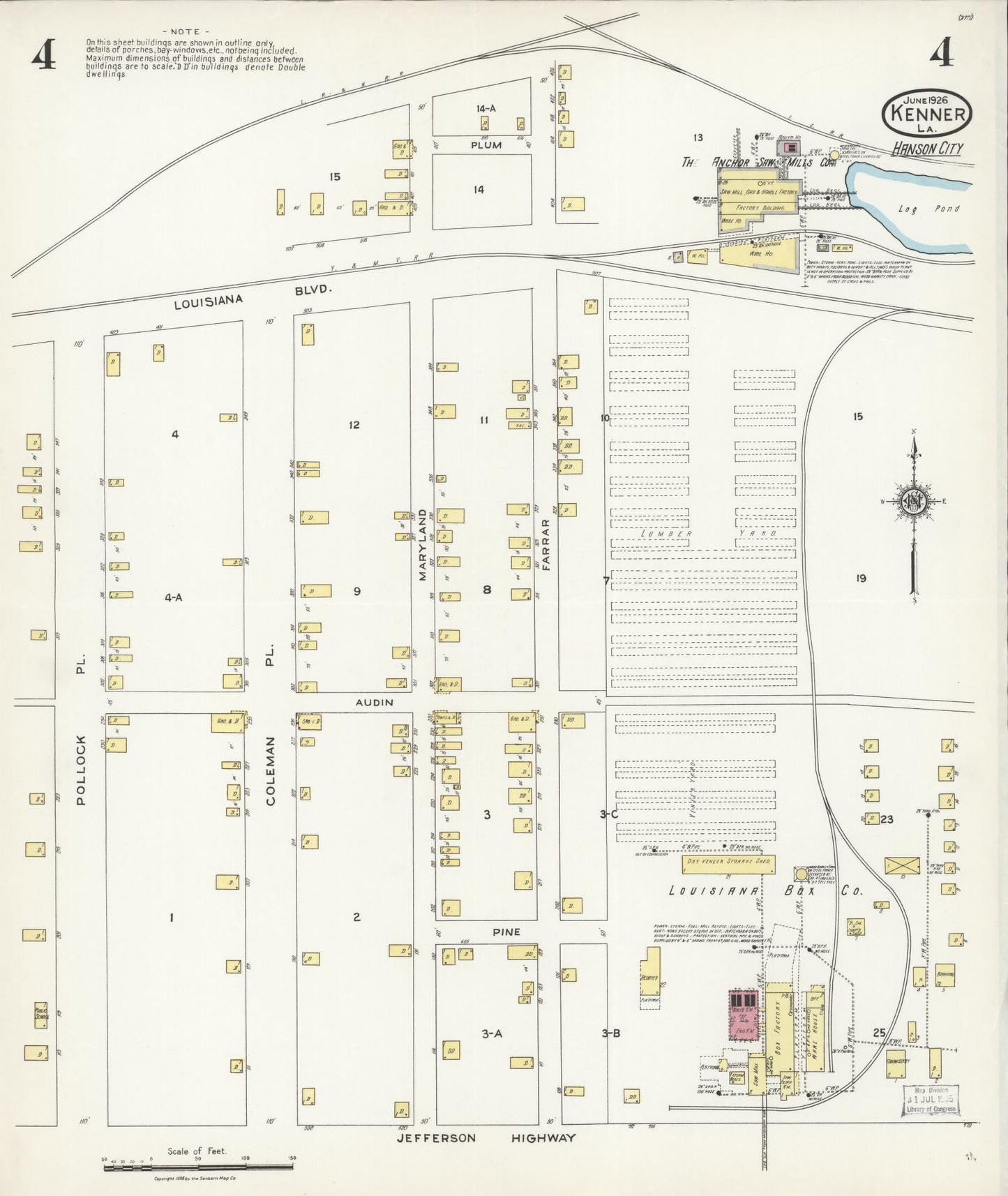 Sanborn Fire Insurance Map from Kenner, Jefferson Parish, Louisiana (1926), Sheet #0004 - Historic Sanborn Fire Insurance Map Print, vintage old map wall art, antique decor, genealogy gift, Louisiana Louisiana map