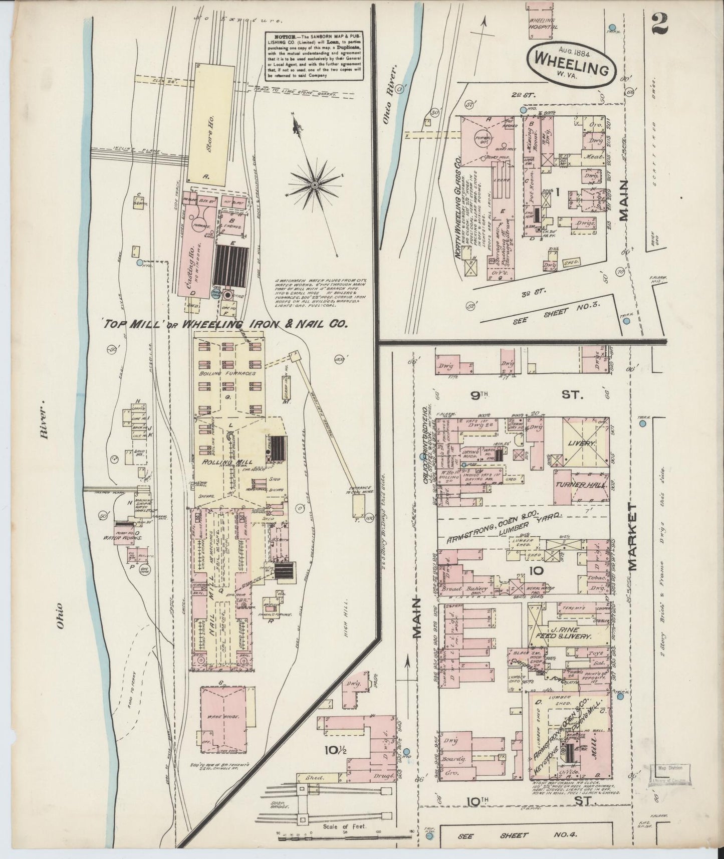 Sanborn Fire Insurance Map from Wheeling, Ohio County, West Virginia (1884), Sheet #0002 - Historic Sanborn Fire Insurance Map Print, vintage old map wall art, antique decor, genealogy gift, West Virginia West Virginia map