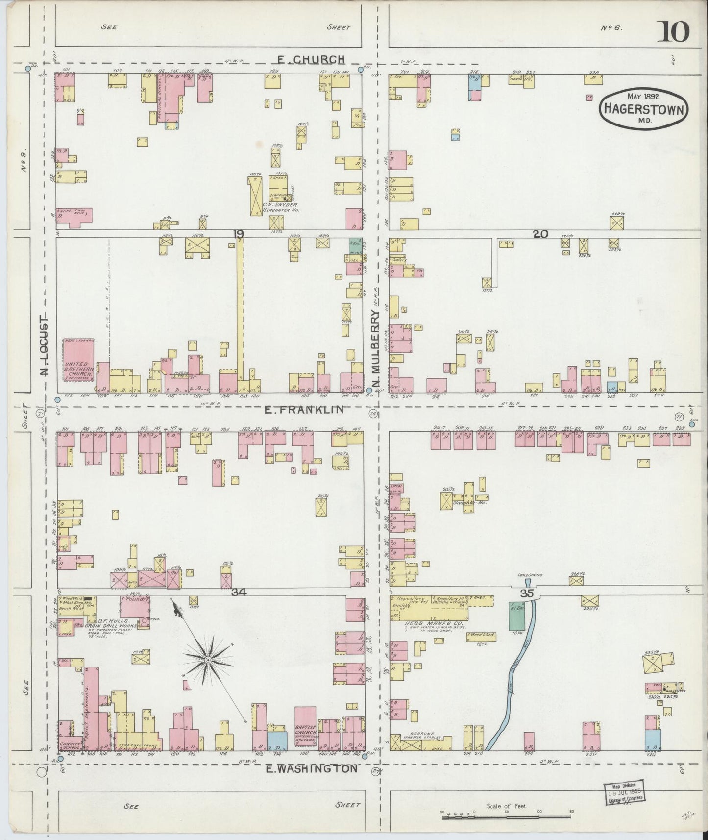 Washington, Maryland - 1892 - Sanborn Fire Insurance Map, Sheet #0010 - Historic Sanborn Fire Insurance Map Print, Washington Maryland 1892 0010 vintage old map wall art