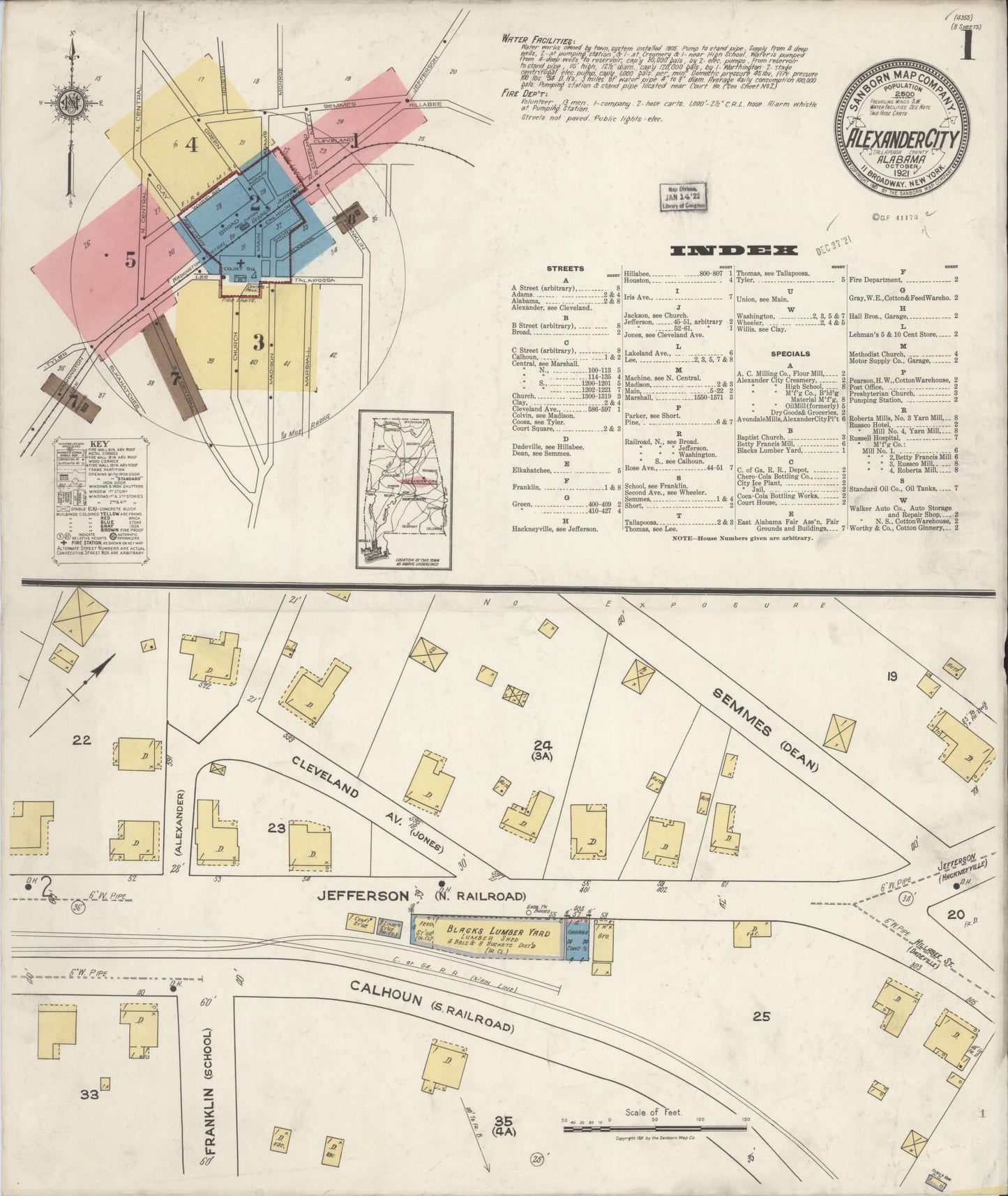 Sanborn Fire Insurance Map from Alexander City, Tallapoosa County, Alabama (1921), Sheet #0001 - Historic Sanborn Fire Insurance Map Print, vintage old map wall art, antique decor, genealogy gift, Alabama Alabama map