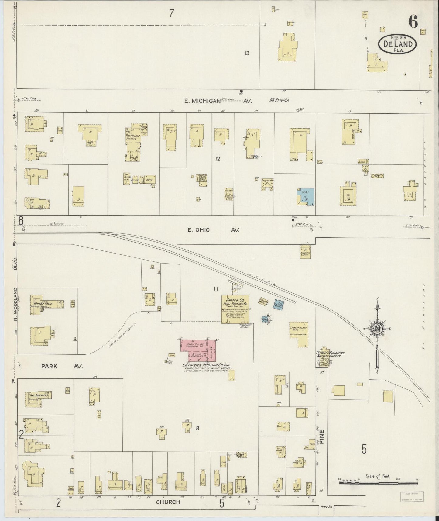 Sanborn Fire Insurance Map from De Land, Volusia County, Florida (1915), Sheet #0006 - Historic Sanborn Fire Insurance Map Print, vintage old map wall art, antique decor, genealogy gift, Florida Florida map