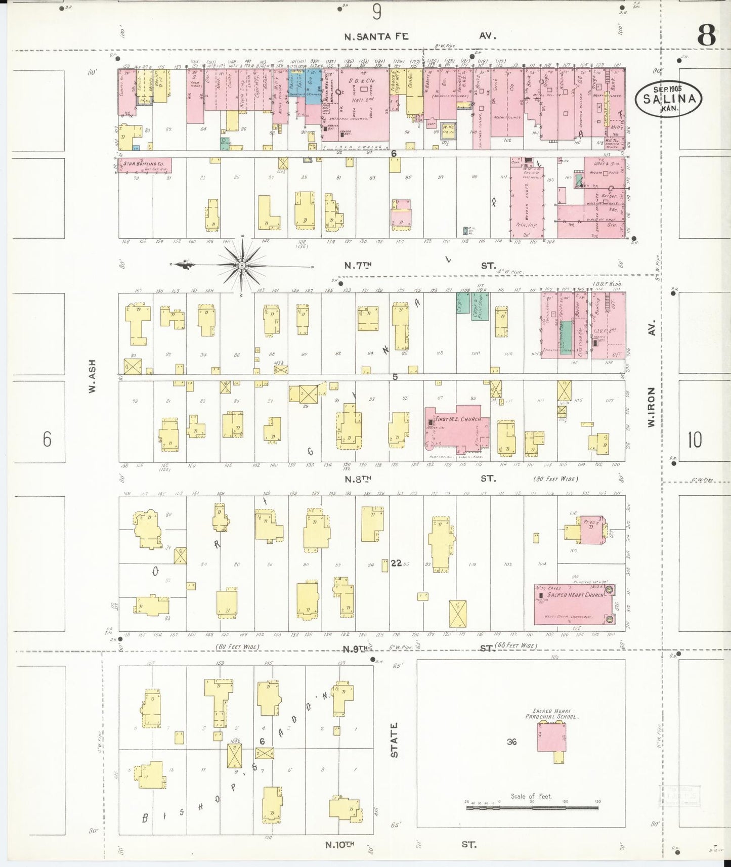 Sanborn Fire Insurance Map from Salina, Saline County, Kansas (1905), Sheet #0008 - Historic Sanborn Fire Insurance Map Print, vintage old map wall art, antique decor, genealogy gift, Kansas Kansas map