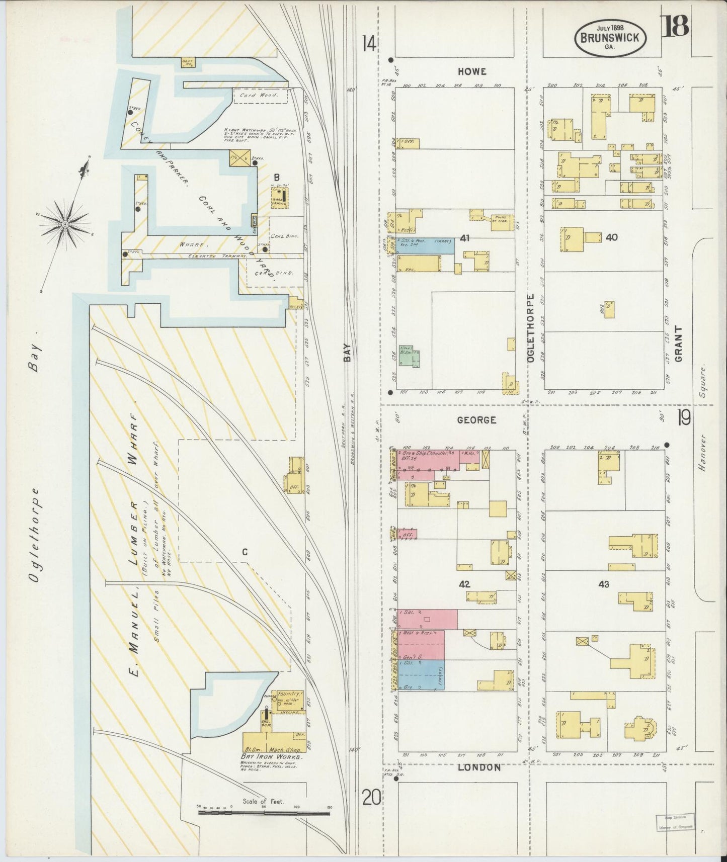 Sanborn Fire Insurance Map from Brunswick, Glynn County, Georgia (1898), Sheet #0018 - Historic Sanborn Fire Insurance Map Print, vintage old map wall art, antique decor, genealogy gift, Georgia Georgia map