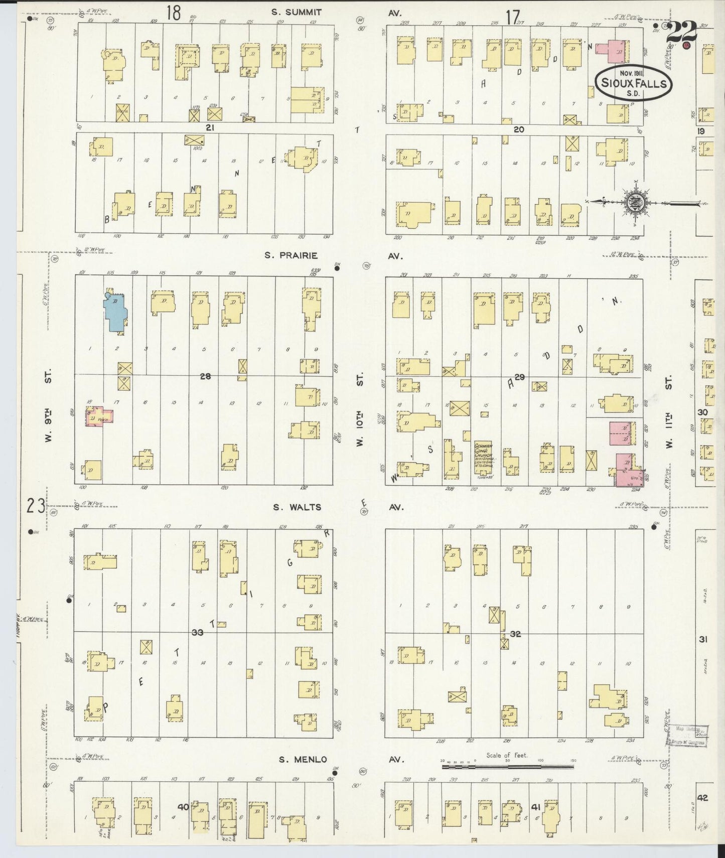 Sanborn Fire Insurance Map from Sioux Falls, Minnehaha County, South Dakota (1911), Sheet #0022 - Historic Sanborn Fire Insurance Map Print, vintage old map wall art, antique decor, genealogy gift, South Dakota South Dakota map