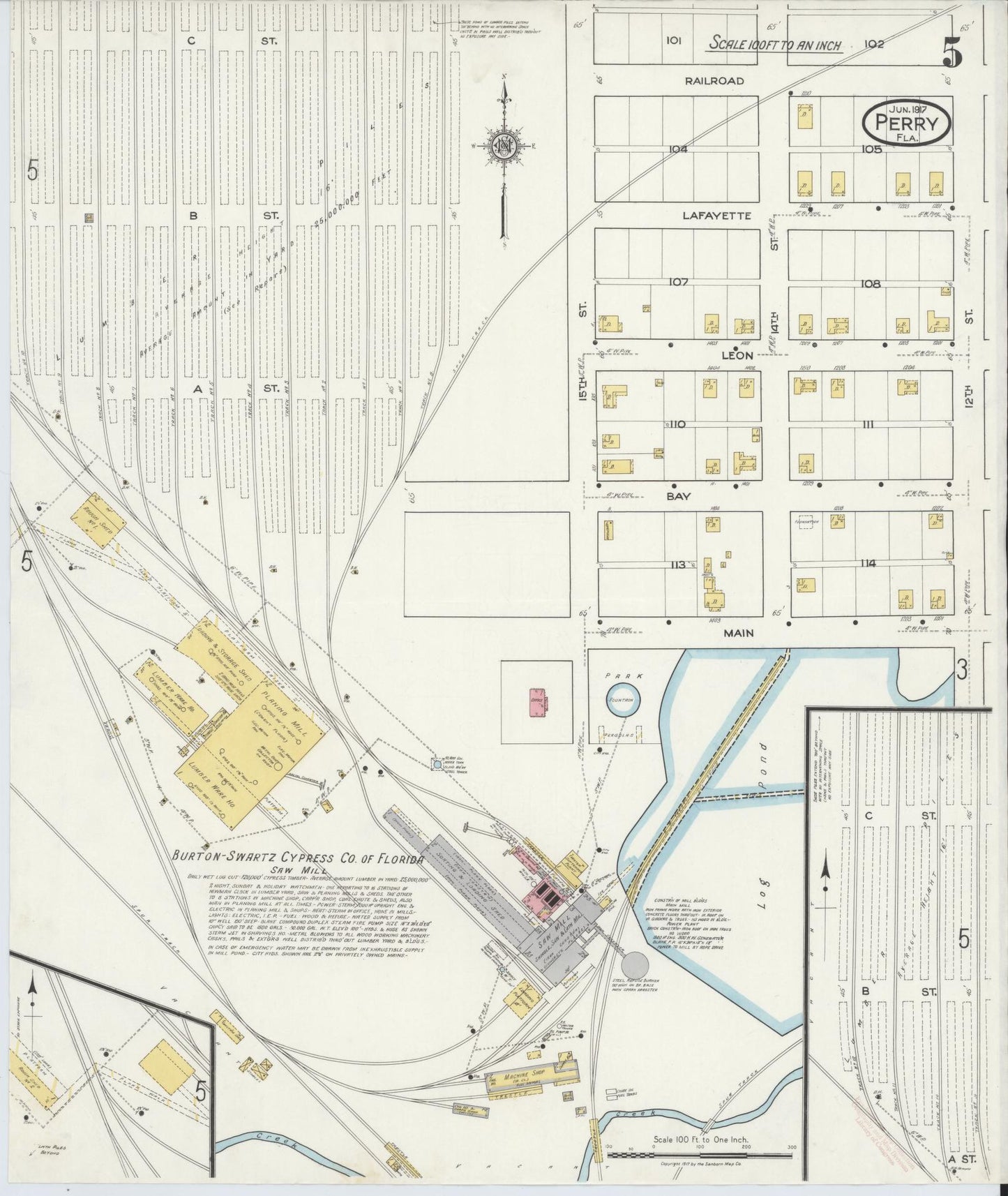 Sanborn Fire Insurance Map from Perry, Taylor County, Florida (1917), Sheet #0005 - Historic Sanborn Fire Insurance Map Print, vintage old map wall art, antique decor, genealogy gift, Florida Florida map