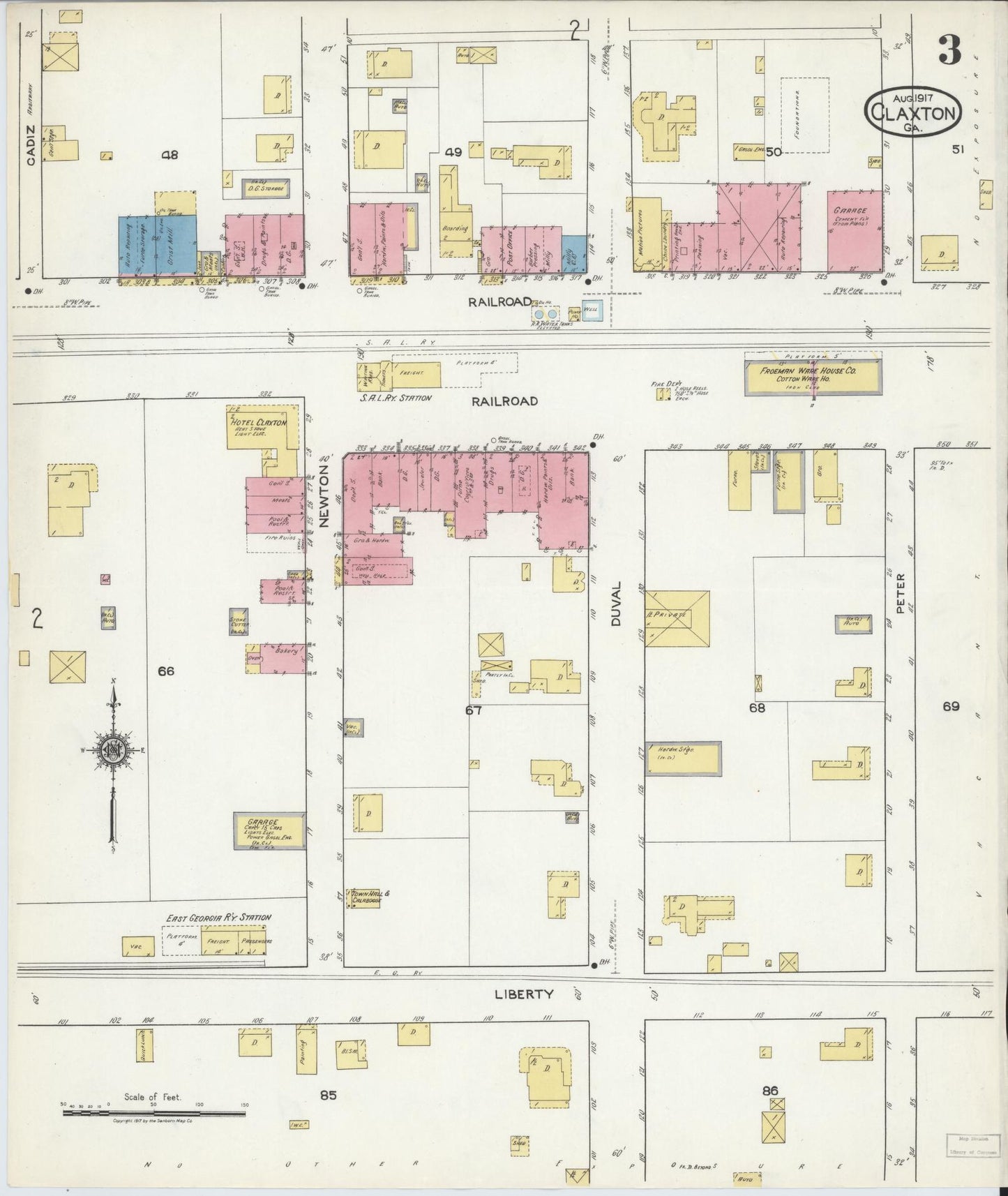 Sanborn Fire Insurance Map from Claxton, Evans County, Georgia (1917), Sheet #0003 - Historic Sanborn Fire Insurance Map Print, vintage old map wall art, antique decor, genealogy gift, Georgia Georgia map