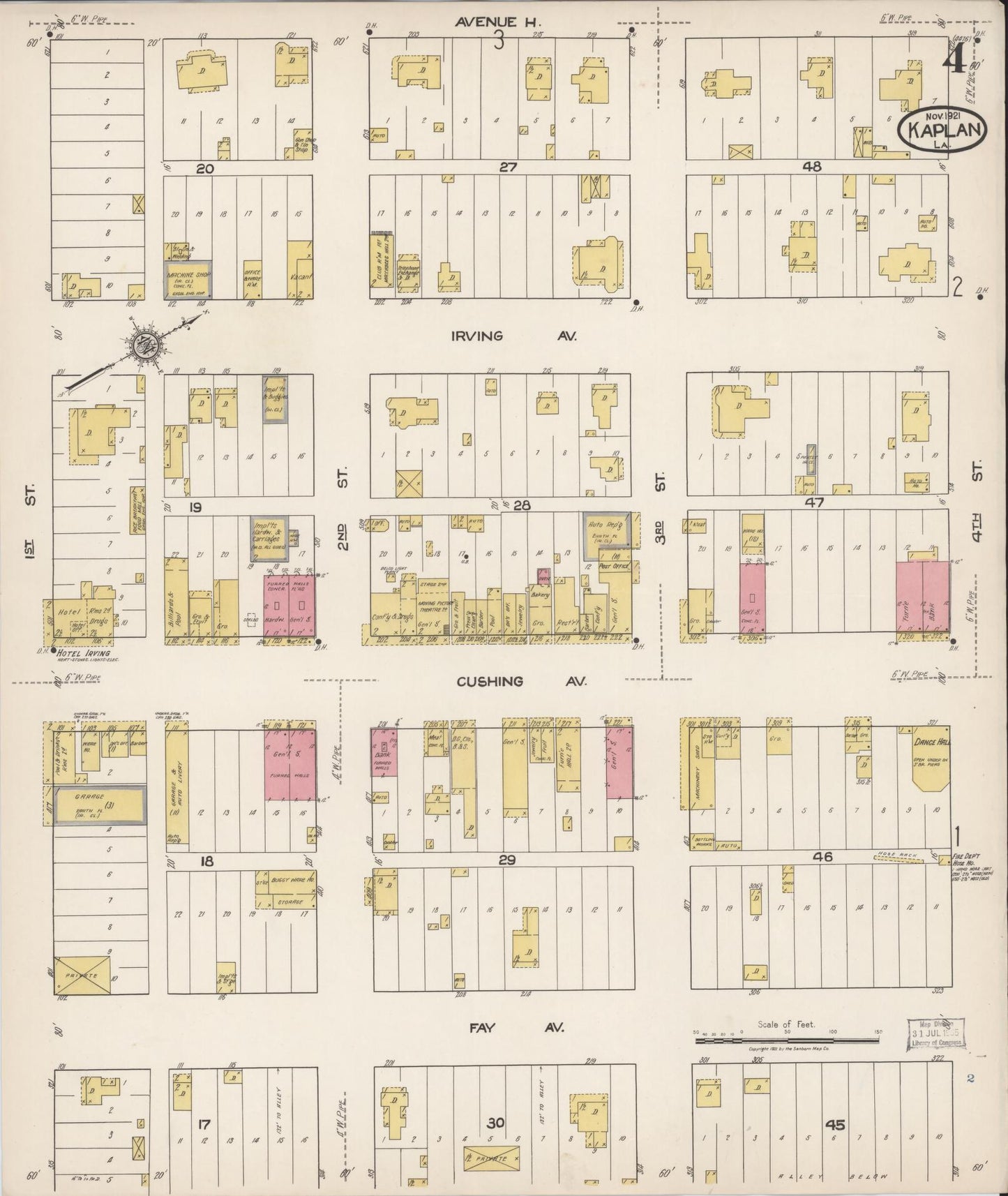 Sanborn Fire Insurance Map from Kaplan, Vermilion Parish, Louisiana (1921), Sheet #0004 - Complete Map Set gallery image, historic Sanborn map, vintage wall art, Louisiana Louisiana