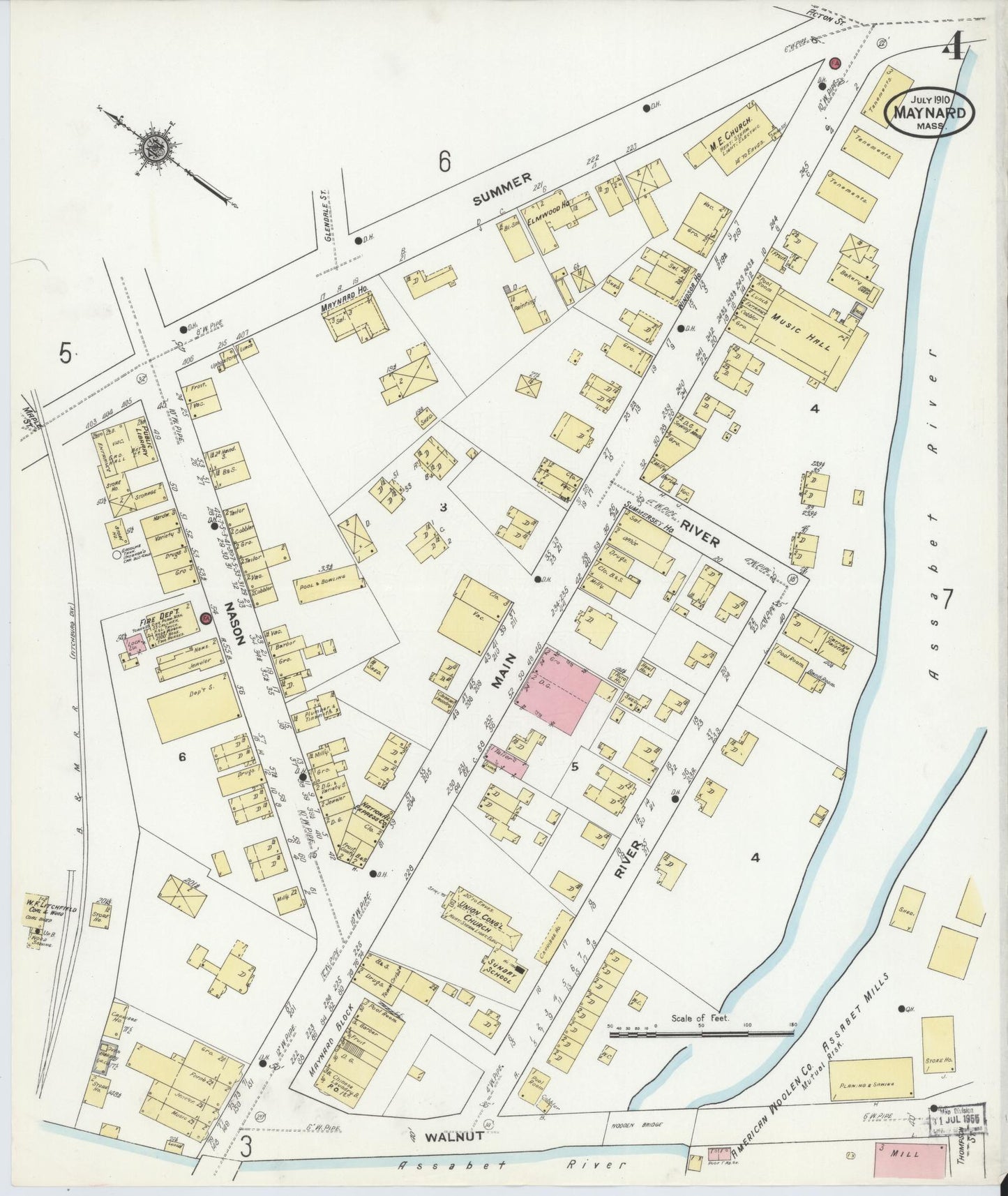 Sanborn Fire Insurance Map from Maynard, Middlesex County, Massachusetts (1910), Sheet #0004 - Historic Sanborn Fire Insurance Map Print, vintage old map wall art, antique decor, genealogy gift, Massachusetts Massachusetts map