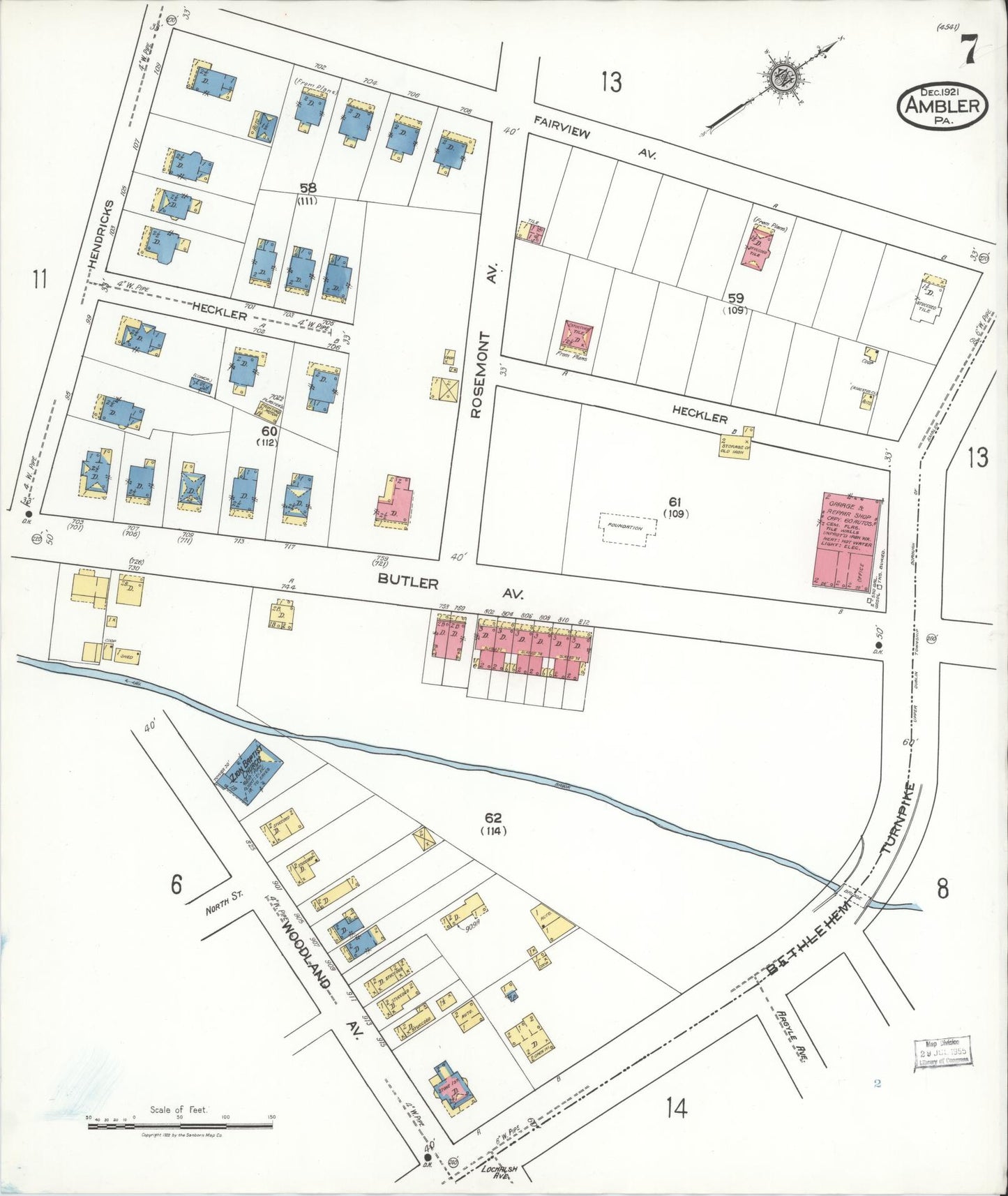 Sanborn Fire Insurance Map from Ambler, Montgomery County, Pennsylvania (1921), Sheet #0007 - Historic Sanborn Fire Insurance Map Print, vintage old map wall art, antique decor, genealogy gift, Pennsylvania Pennsylvania map